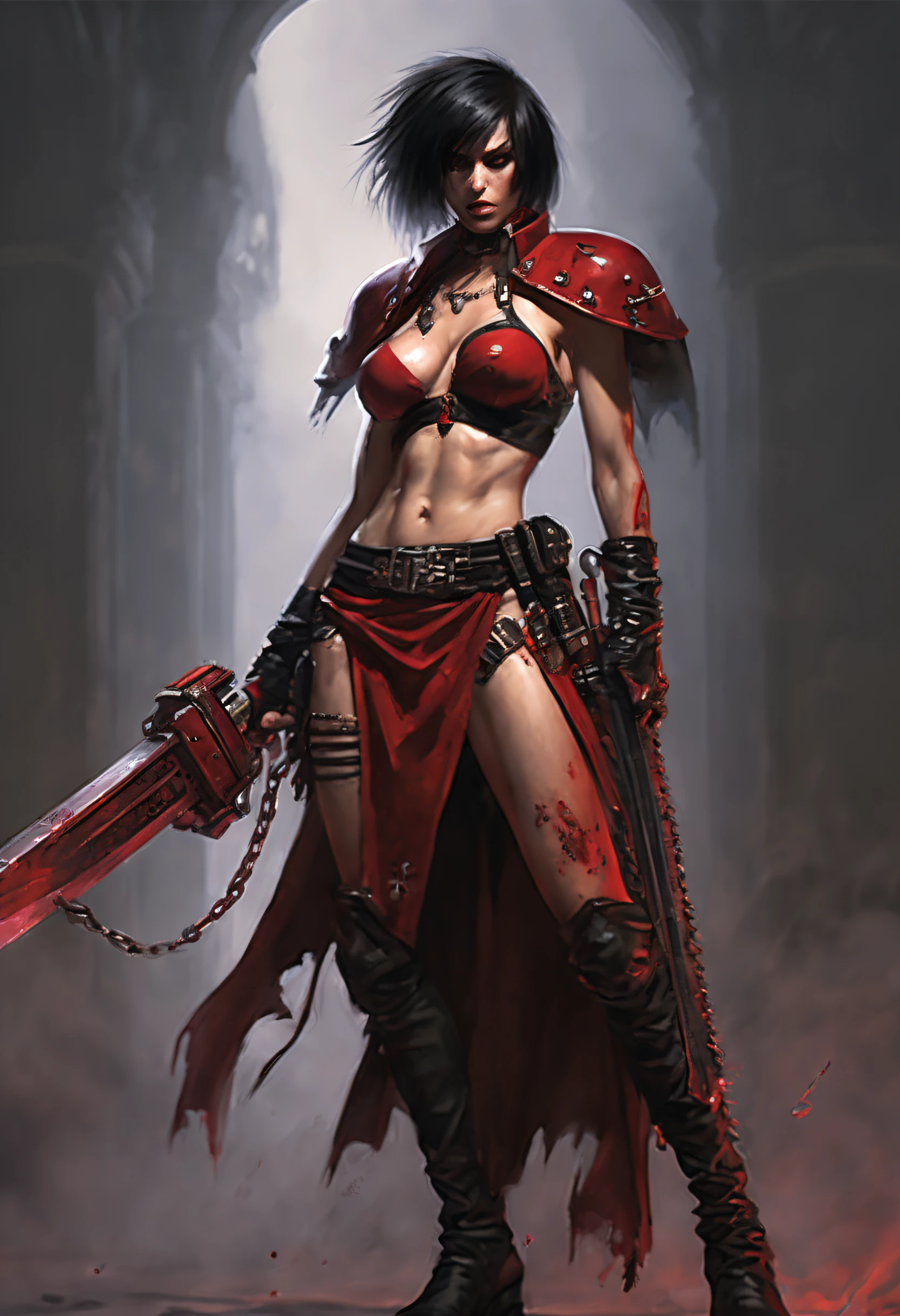 wh40k character Sister Repentia concept art, full body portrait, half naked athletic short haircut shaved on the temples Sister Repentia holding wh40k chainsword, wear bloody catholic torn rags, crushed tits, body-piercing rings, self mutilations, scars, adrian smith concept art, grimdark scifi concept art, from wh40k, brandishing chainsword, gerald brom style, wh40k, adeptus sororitas