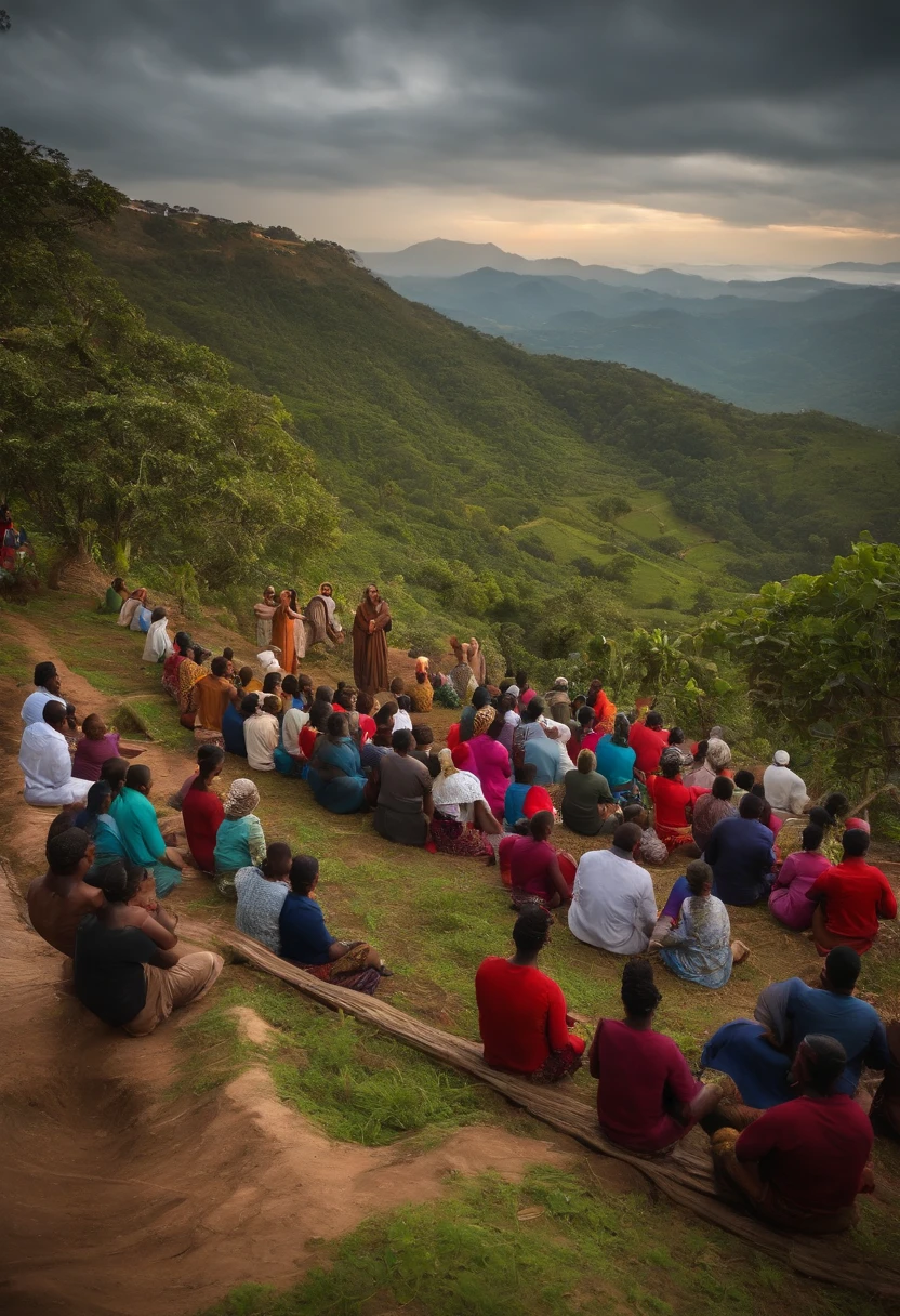 Jesus em uma montanha, People Listening to the Preaching,  sol brilhando, listener being men, women, and children, ovelhas passeando e sendo pastoreadas ao fundo.