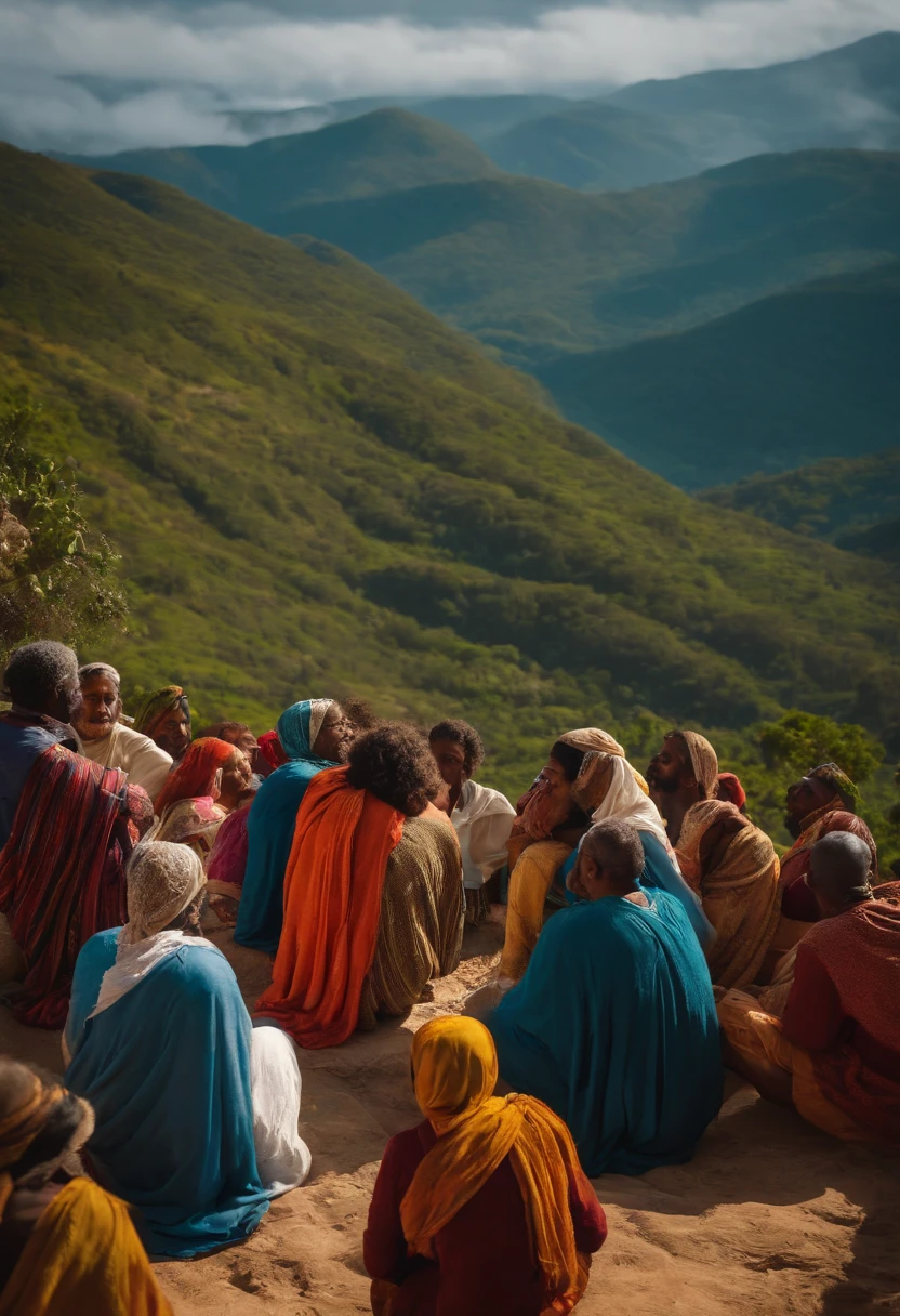 Jesus em uma montanha, People Listening to the Preaching, sol brilhando, listener being men, women, and children, ovelhas passeando e sendo pastoreadas ao fundo.