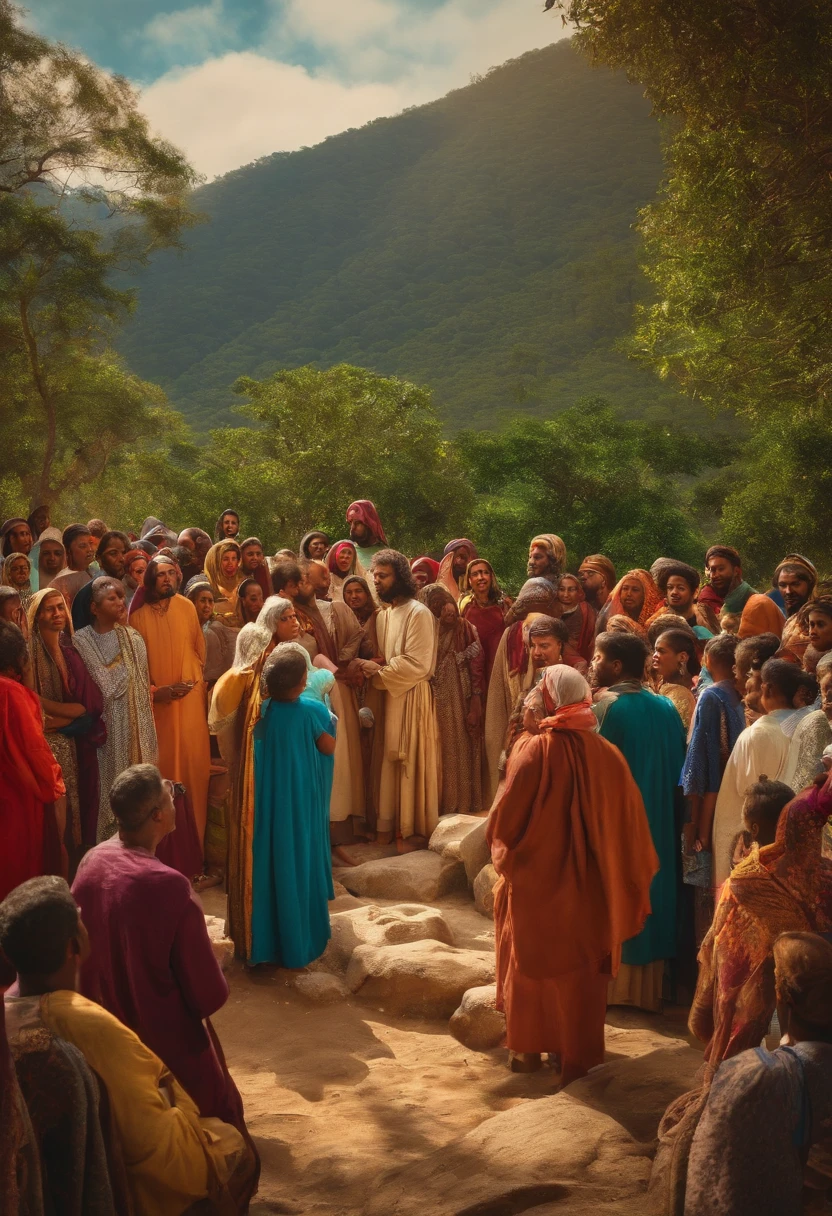 Jesus em uma montanha, People Listening to the Preaching,  sol brilhando, listener being men, women, and children, ovelhas passeando e sendo pastoreadas ao fundo.