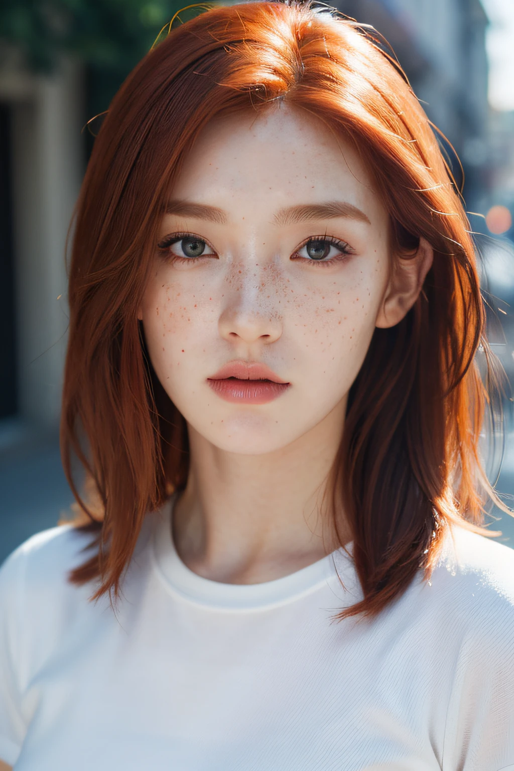 feminine figure, redhead, freckles, best quality, a shirt, close-up, realistic skin texture, annoyed, upper body portrait, street wall background, photography, detailed facial features, film grain texture and high contrast, extremely high-resolution details, photographic, photorealistic, hyper-realistic, HDR, masterpiece.