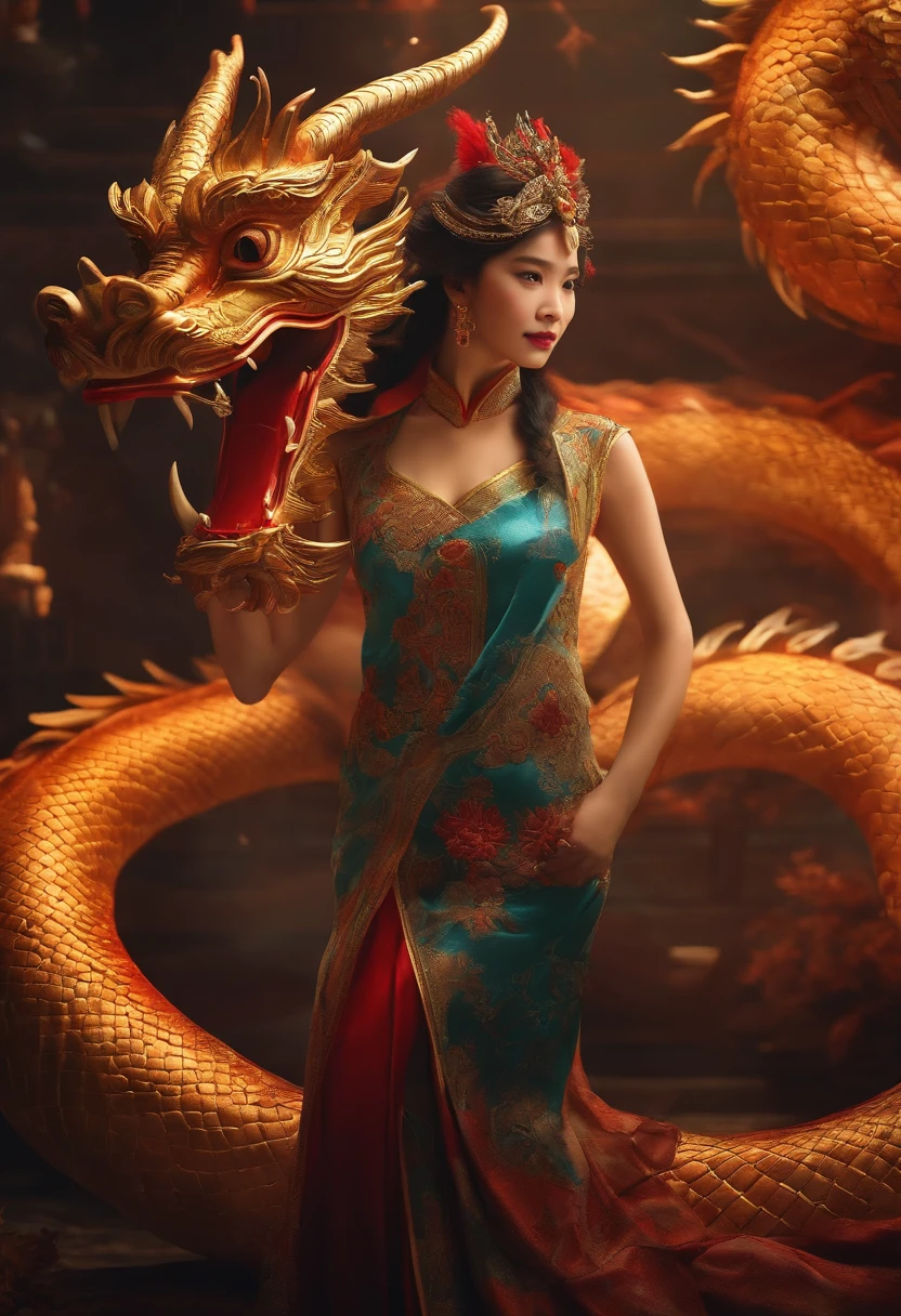 1girl, master part, best quality, Making friends with the Chinese dragon, fun, Feliz, brilhante, Loong,esteticista