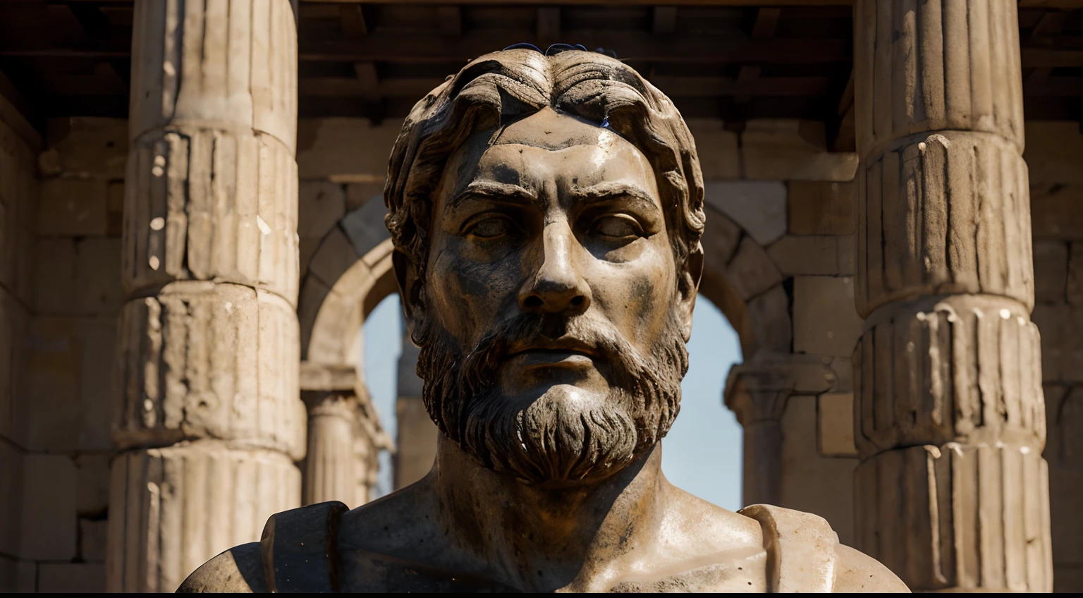 Ancient Stoic Statue With Very Angry Expression, tem barba, muitos detalhes em ambos os olhos, Outside, fundo atenas grego, open sky, com rosto extremamente detalhado full body view, Colors with low saturation with dark tone, Filmado em Sony A7S III com Sony FE 35mm f/1.8, 12.1 MP, --AR 3:2 --estilo cru