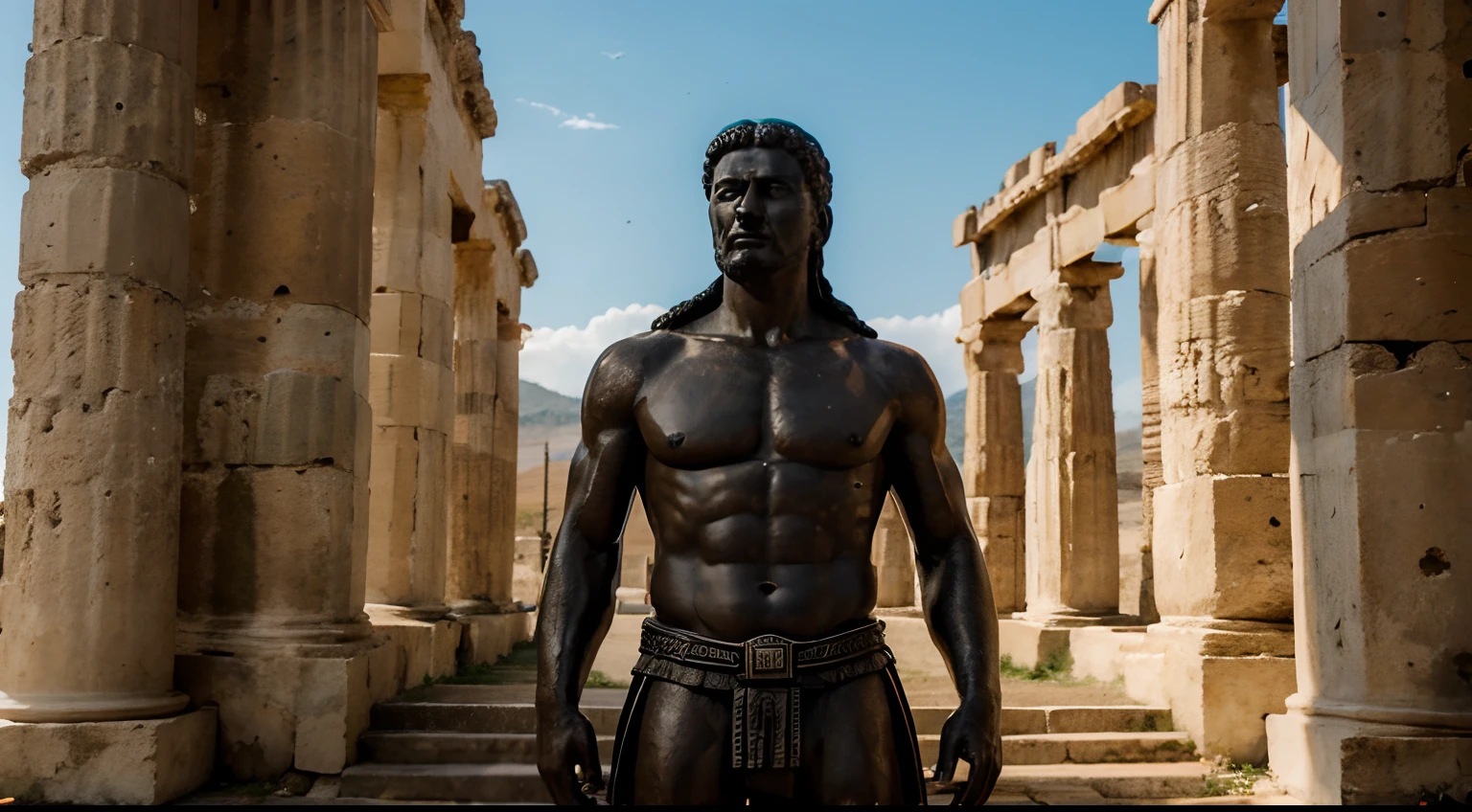 Ancient Stoic Statue With Very Angry Expression, tem barba, muitos detalhes em ambos os olhos, Outside, fundo atenas grego, open sky, com rosto extremamente detalhado full body view, Colors with low saturation with dark tone, Filmado em Sony A7S III com Sony FE 35mm f/1.8, 12.1 MP, --AR 3:2 --estilo cru