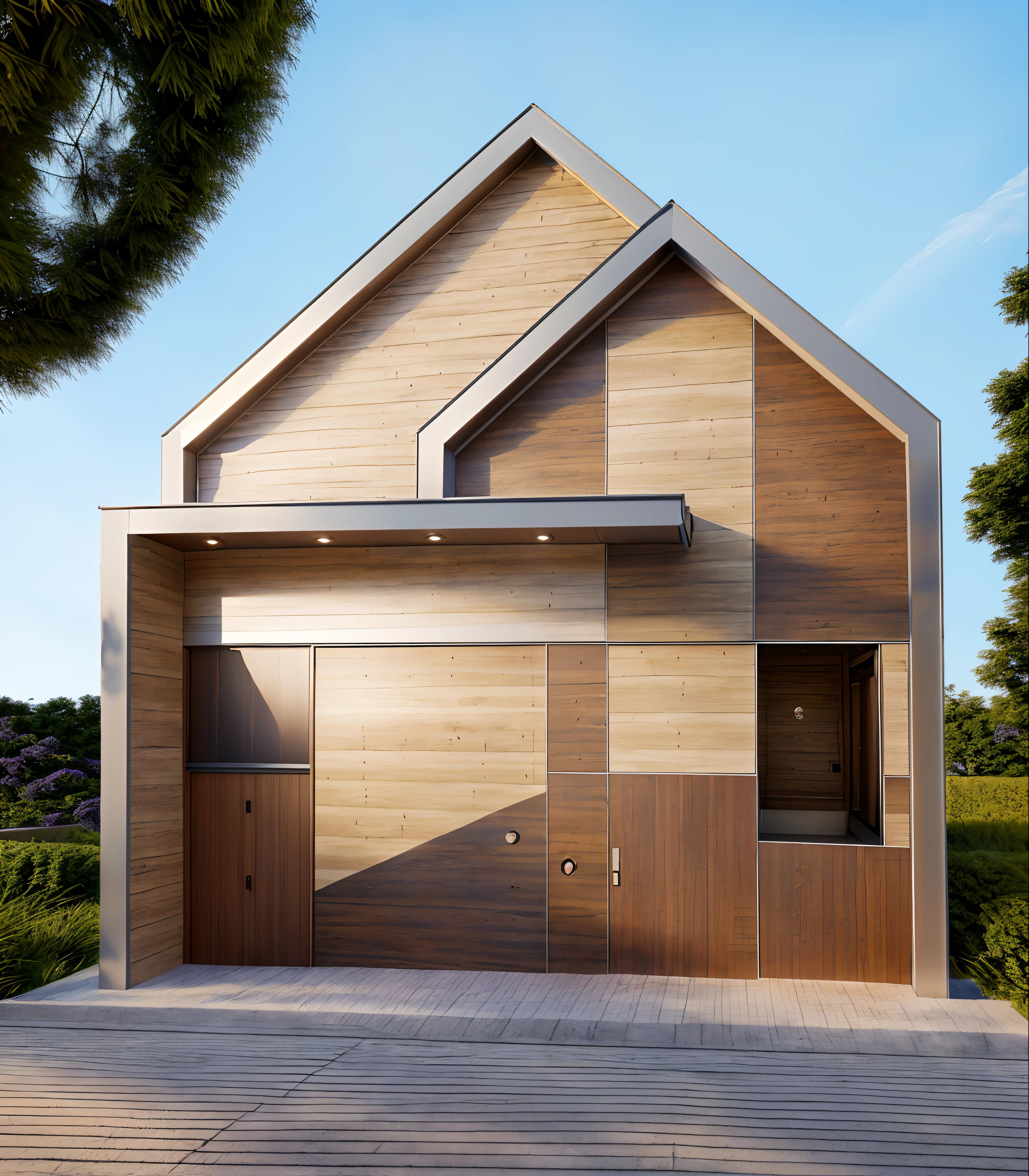 Realistic, vray realistic , DAYLIGHT, 8k uhd, morden townhouse, road infront of house, wood ceilling:1.4, (high detailed skin:1.3), hight shadow, blue sky:1.5, ultra quality, film grain, Fujifilm XT3, sharp image, best quality, authentic, hight quality, LIGHT FROMT INDOOR