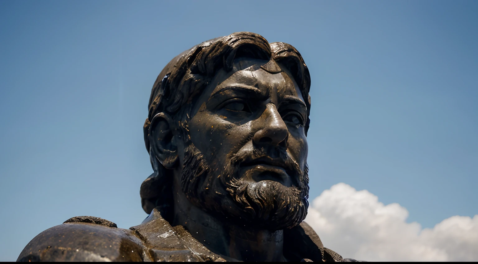 Ancient Stoic Statue With Very Angry Expression, tem barba, muitos detalhes em ambos os olhos, Outside, fundo atenas grego, open sky, com rosto extremamente detalhado full body view, Colors with low saturation with dark tone, Filmado em Sony A7S III com Sony FE 35mm f/1.8, 12.1 MP, --AR 3:2 --estilo cru