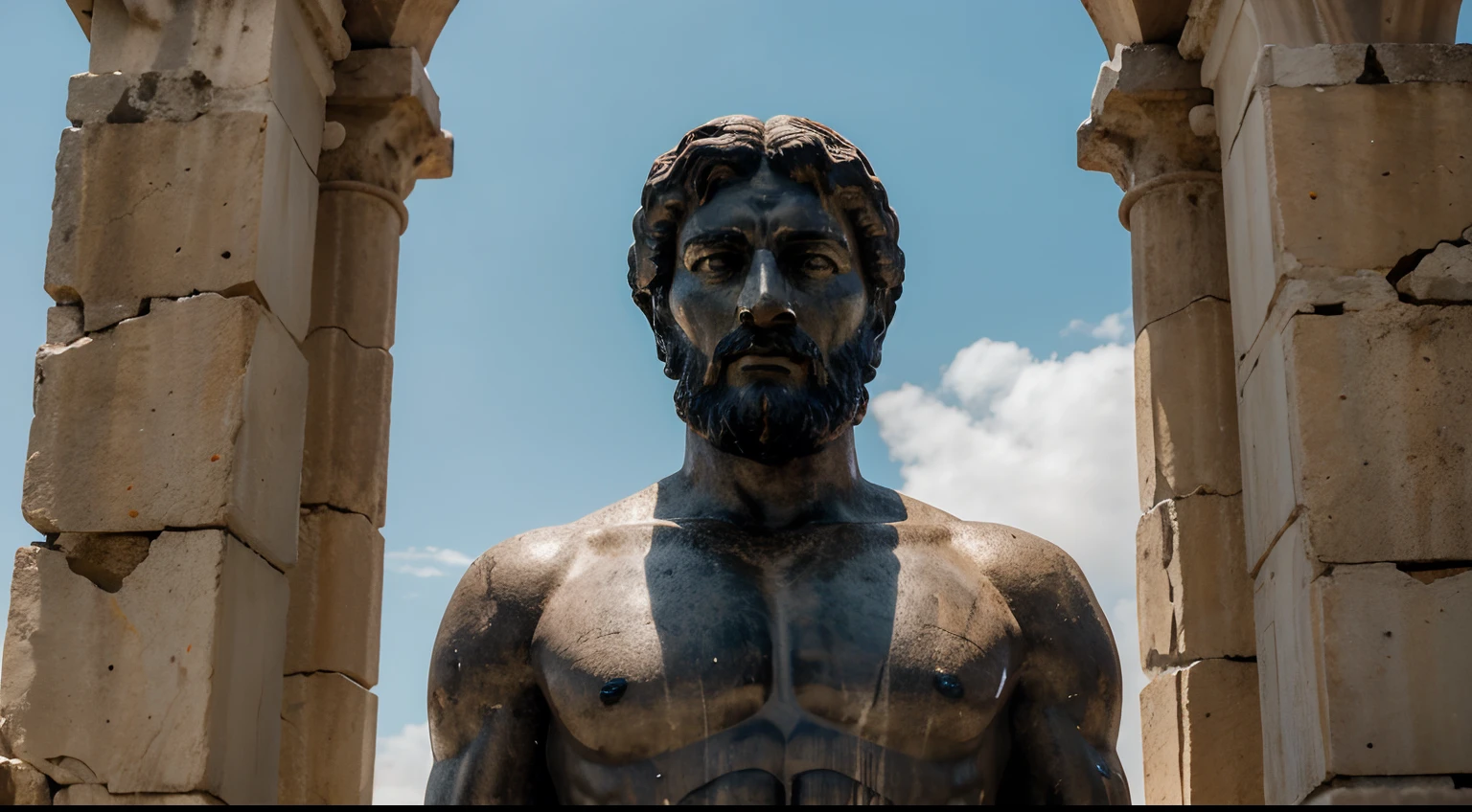 Ancient Stoic Statue With Very Angry Expression, tem barba, muitos detalhes em ambos os olhos, Outside, fundo atenas grego, open sky, com rosto extremamente detalhado full body view, Colors with low saturation with dark tone, Filmado em Sony A7S III com Sony FE 35mm f/1.8, 12.1 MP, --AR 3:2 --estilo cru