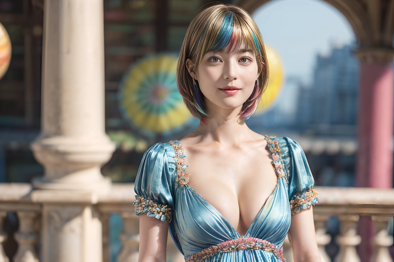 72
(20-year-old princess,is standing), (A hyper-realistic), (masutepiece), ((colourfull、short-hair:1.5)), (Silky hair), (Breast:0.9), (kindly smile:0.8), lipsticks, (Luxurious dresses:1.46), Ball in a stately palace