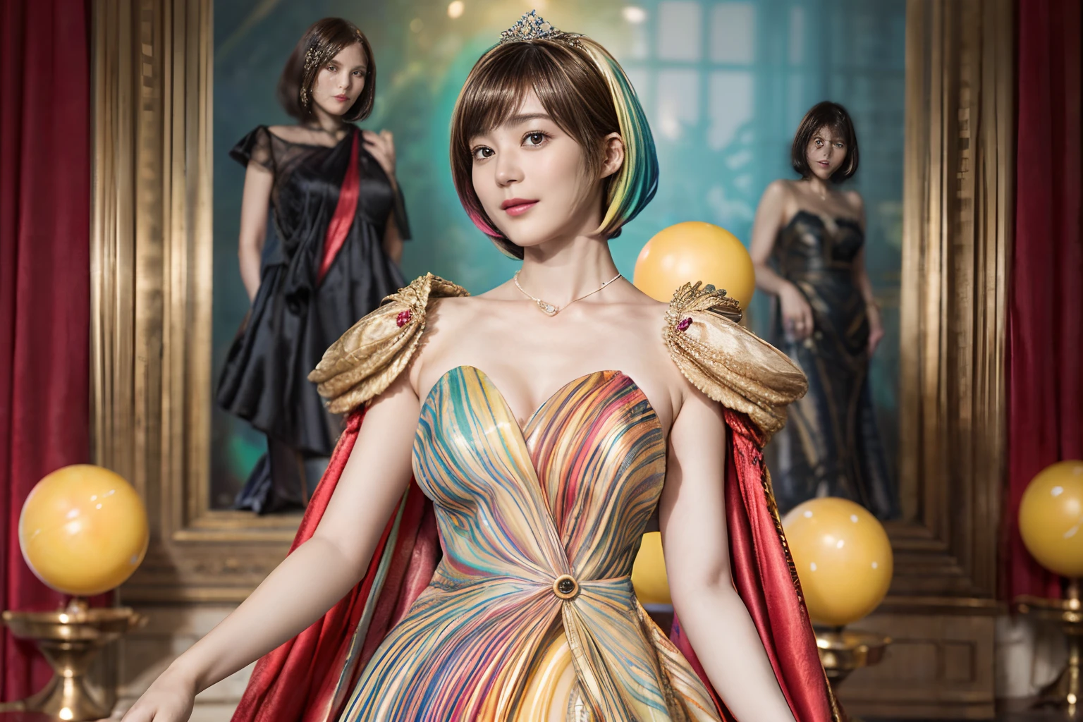 72
(20-year-old princess,is standing), (A hyper-realistic), (masutepiece), ((colourfull、short-hair:1.5)), (Silky hair), (Breast:0.9), (kindly smile:0.8), lipsticks, (Luxurious dresses:1.46), Ball in a stately palace