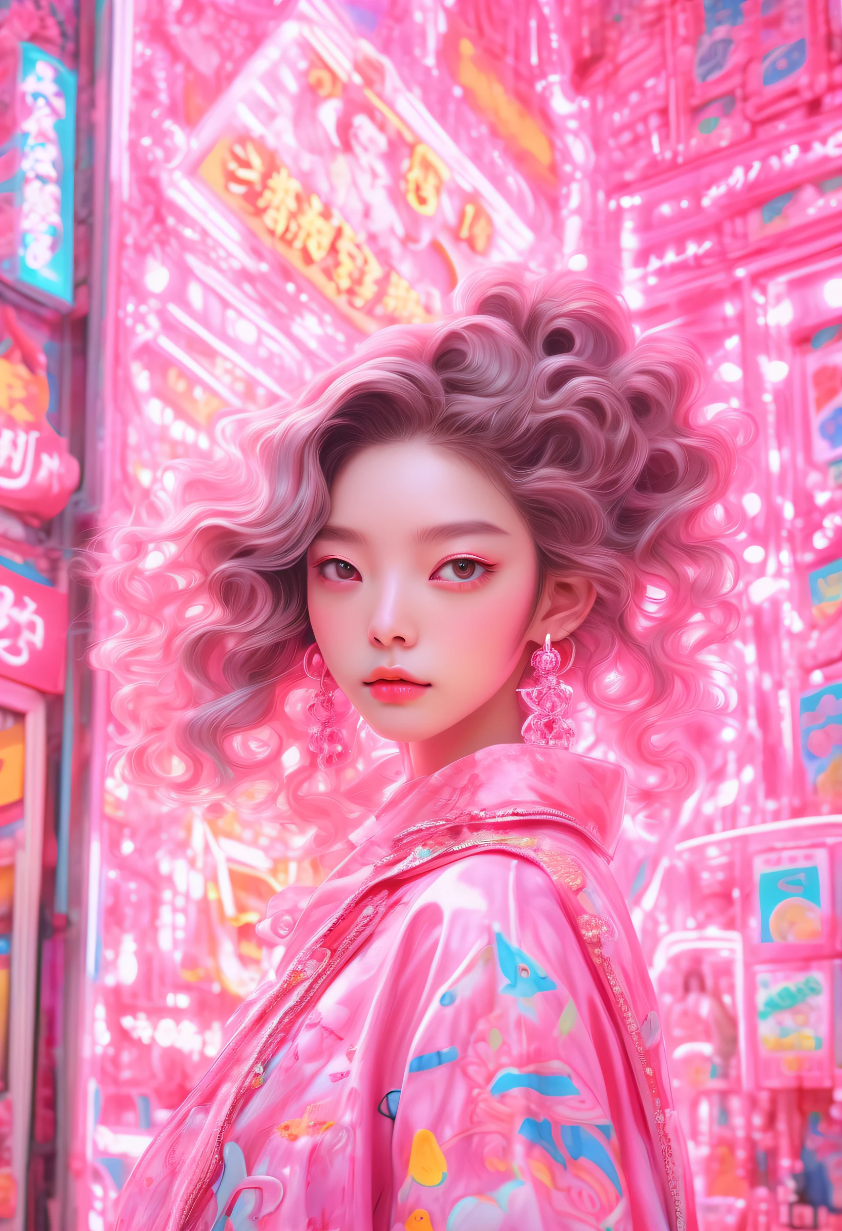 18-year-old girl，She looks like Angelababy,Barbie's shiny pink curls，Estilo de Makoto Shinkai，Niji style，in the style of Miho Hirano, in pink,ornate portrait, 1980s animation, hongkongstyle, Sandara tang, mixed patterns, text and emoji installations