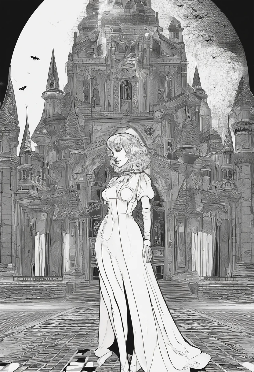 Dark_fantasy, ((Masterpiece)), ((Best quality)), ((A high resolution)), ((finedetail)),Halloween shrine girl vampire girl,Jack-o'-lantern,Bats surround her,Halloween has arrived,ESTILO RETROFUTURISMO,In a gloomy castle,Shady style,flashing lights
