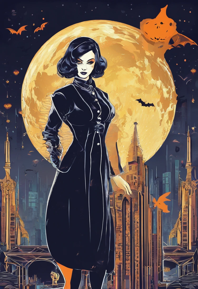 Dark_fantasy, ((Masterpiece)), ((Best quality)), ((A high resolution)), ((finedetail)),Halloween shrine girl vampire girl，Jack-o'-lantern，Bats surround her，Halloween has arrived，ESTILO RETROFUTURISMO，In a gloomy castle，Shady style，flashing lights