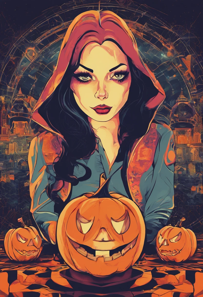 Dark_fantasy, ((Masterpiece)), ((Best quality)), ((A high resolution)), ((finedetail)),Halloween shrine girl vampire girl,Jack-o'-lantern,Bats surround her,Halloween has arrived,ESTILO RETROFUTURISMO,In a gloomy castle,Shady style,flashing lights