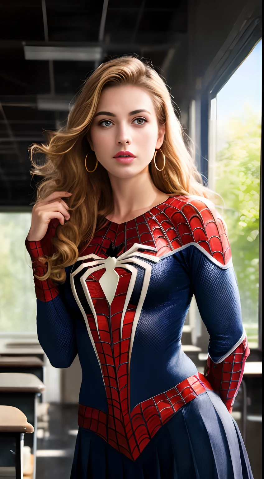 ((Peter Parker in spiderman uniform)), girl body, model body, big blue eyes, small breasts, long legs, medium hoop earrings, spiderman uniform, tiny pleated skirt, low angle shot, skin very white, long hair, wavy hair, blonde hair, school in the forest, classroom, photorealistic, indirect lighting, volumetric light, specular light, ray tracing, hyperdetailed, best quality, ultra-high resolution, HDR, 8k, focus soft mist