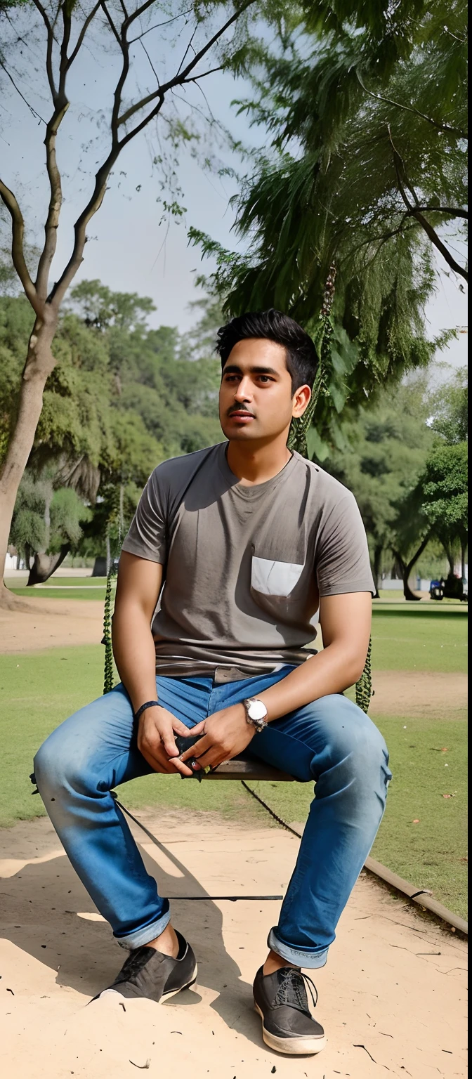 araffe sitting on a swing in a park with a tree in the background, inspired by Bikash Bhattacharjee, riyahd cassiem, candid picture, ayan nag, photo taken with canon 5d, in a park, mohamed chahin, at a park, portait photo profile picture, inspired by Saurabh Jethani