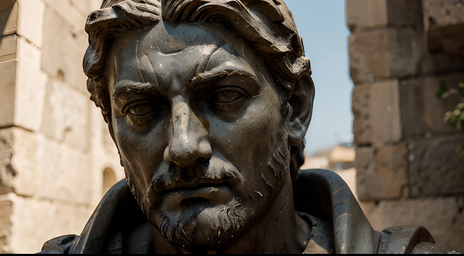 Ancient Stoic Statue With Very Angry Expression, tem barba, muitos detalhes em ambos os olhos, Outside, fundo atenas grego, open sky, com rosto extremamente detalhado full body view, Colors with low saturation with dark tone, Filmado em Sony A7S III com Sony FE 35mm f/1.8, 12.1 MP, --AR 3:2 --estilo cru