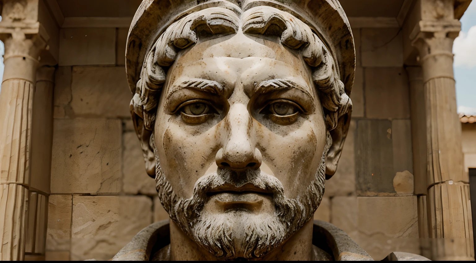 Ancient Stoic Statue With Very Angry Expression, tem barba, muitos detalhes em ambos os olhos, Outside, fundo atenas grego, open sky, com rosto extremamente detalhado full body view, Colors with low saturation with dark tone, Filmado em Sony A7S III com Sony FE 35mm f/1.8, 12.1 MP, --AR 3:2 --estilo cru