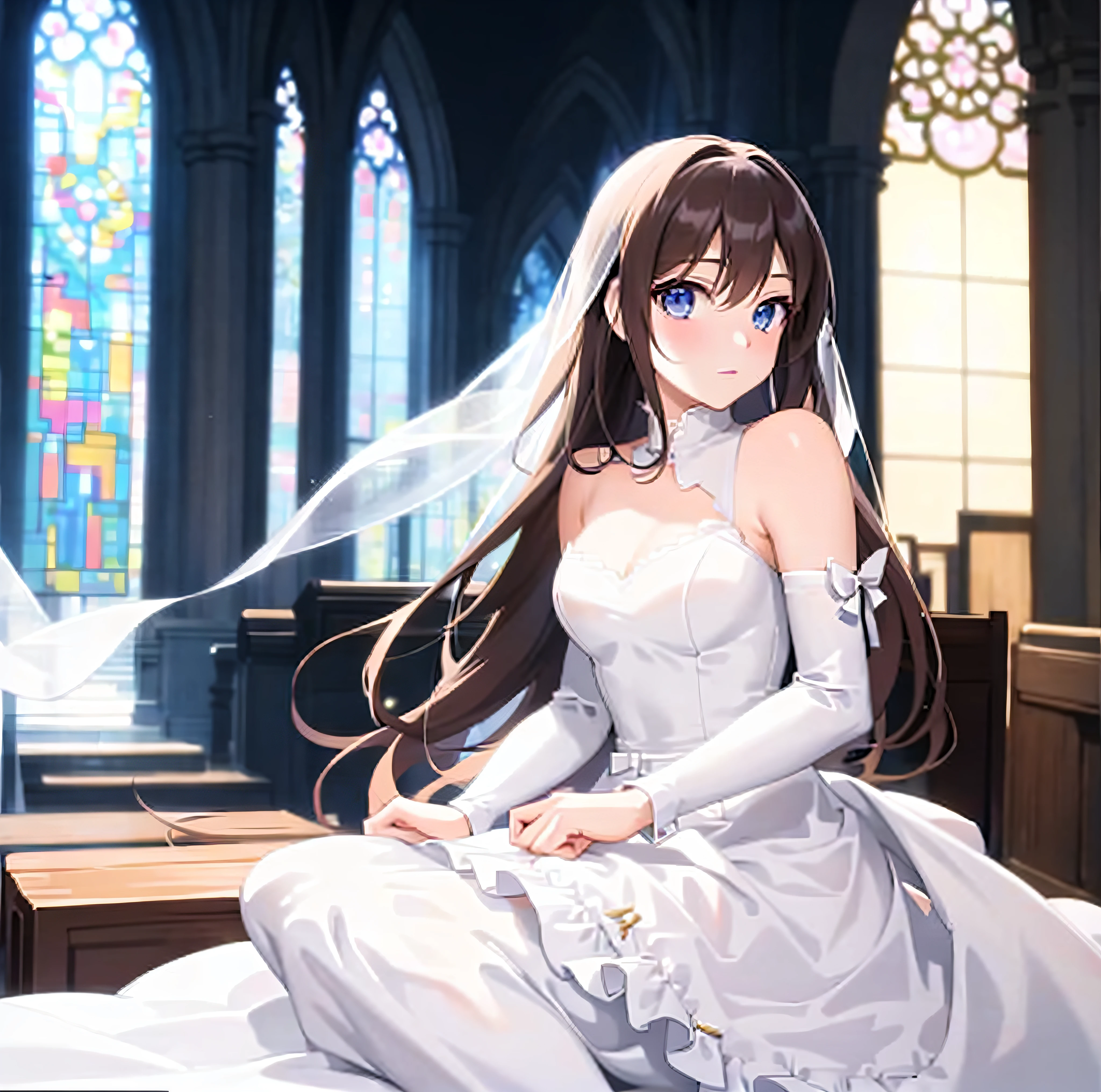 Woman in wedding dress sitting in church, Smooth Anime CG Art, Beautiful anime girl, Cute anime waifu in a nice dress, guweiz, beautiful anime woman, guweiz on pixiv artstation, beautiful alluring anime woman, guweiz on artstation pixiv, anime moe art style, hd anime wallaper, 4k anime wallpaper