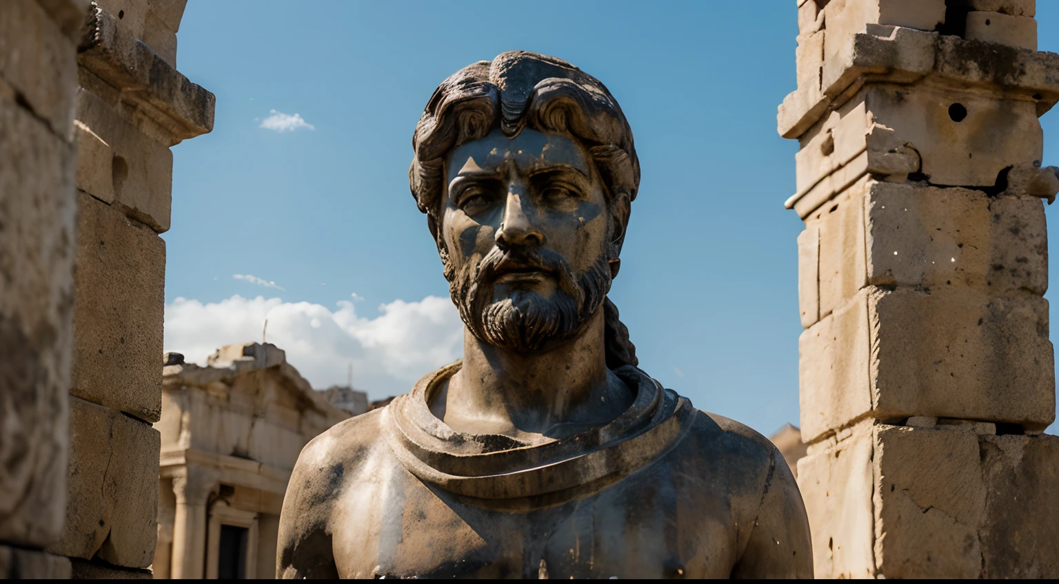Ancient Stoic Statue With Very Angry Expression, tem barba, muitos detalhes em ambos os olhos, Outside, fundo atenas grego, open sky, com rosto extremamente detalhado full body view, Colors with low saturation with dark tone, Filmado em Sony A7S III com Sony FE 35mm f/1.8, 12.1 MP, --AR 3:2 --estilo cru