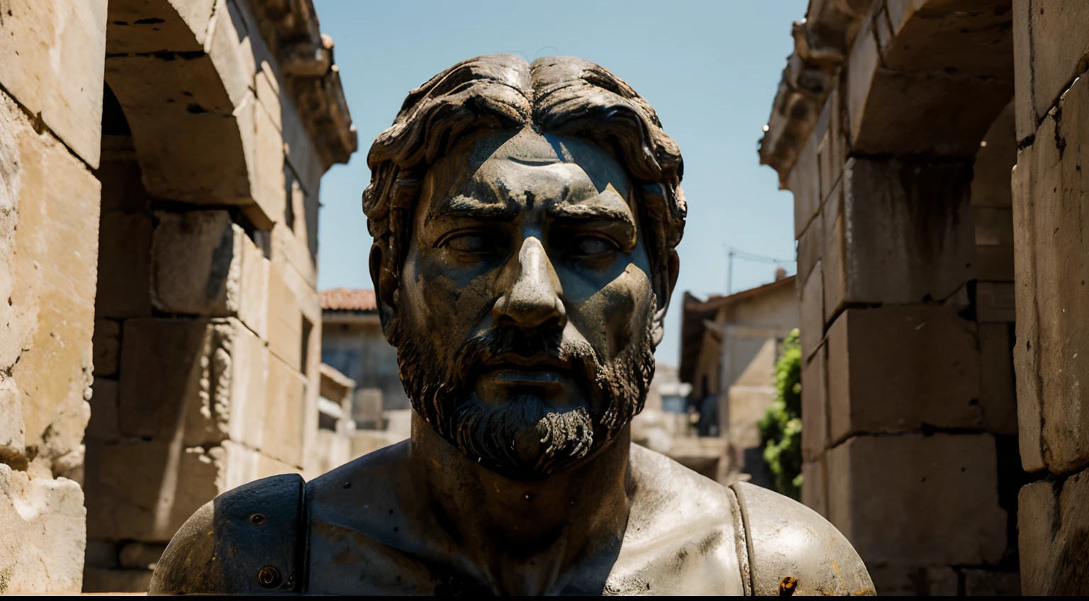 Ancient Stoic Statue With Very Angry Expression, tem barba, muitos detalhes em ambos os olhos, Outside, fundo atenas grego, open sky, com rosto extremamente detalhado full body view, Colors with low saturation with dark tone, Filmado em Sony A7S III com Sony FE 35mm f/1.8, 12.1 MP, --AR 3:2 --estilo cru