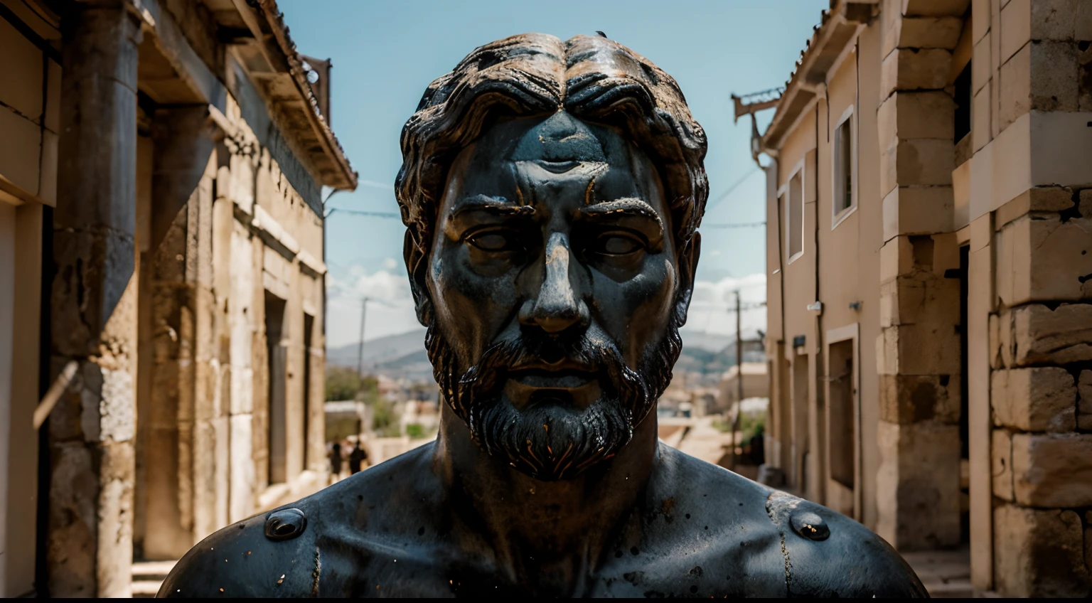 Ancient Stoic Statue With Very Angry Expression, tem barba, muitos detalhes em ambos os olhos, Outside, fundo atenas grego, open sky, com rosto extremamente detalhado full body view, Colors with low saturation with dark tone, Filmado em Sony A7S III com Sony FE 35mm f/1.8, 12.1 MP, --AR 3:2 --estilo cru