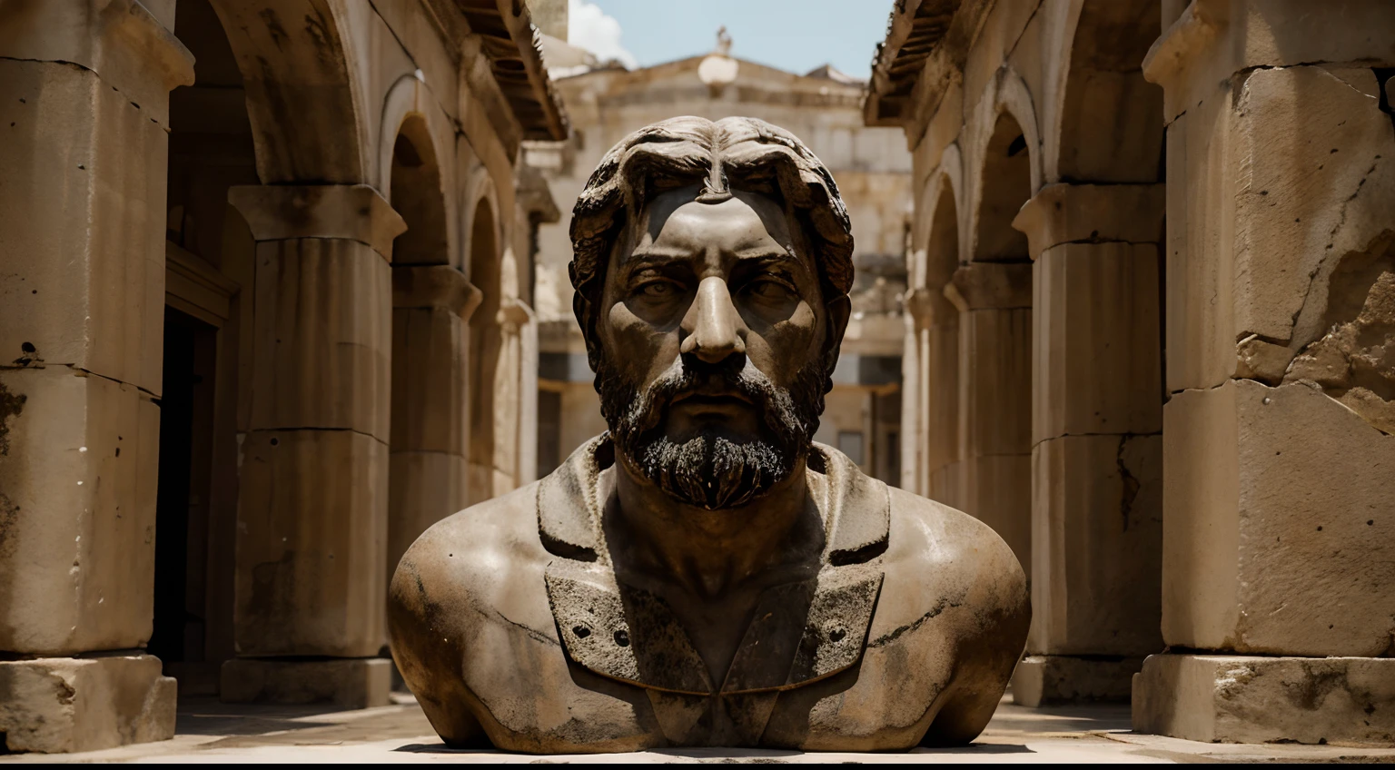 Ancient Stoic Statue With Very Angry Expression, tem barba, muitos detalhes em ambos os olhos, Outside, fundo atenas grego, open sky, com rosto extremamente detalhado full body view, Colors with low saturation with dark tone, Filmado em Sony A7S III com Sony FE 35mm f/1.8, 12.1 MP, --AR 3:2 --estilo cru