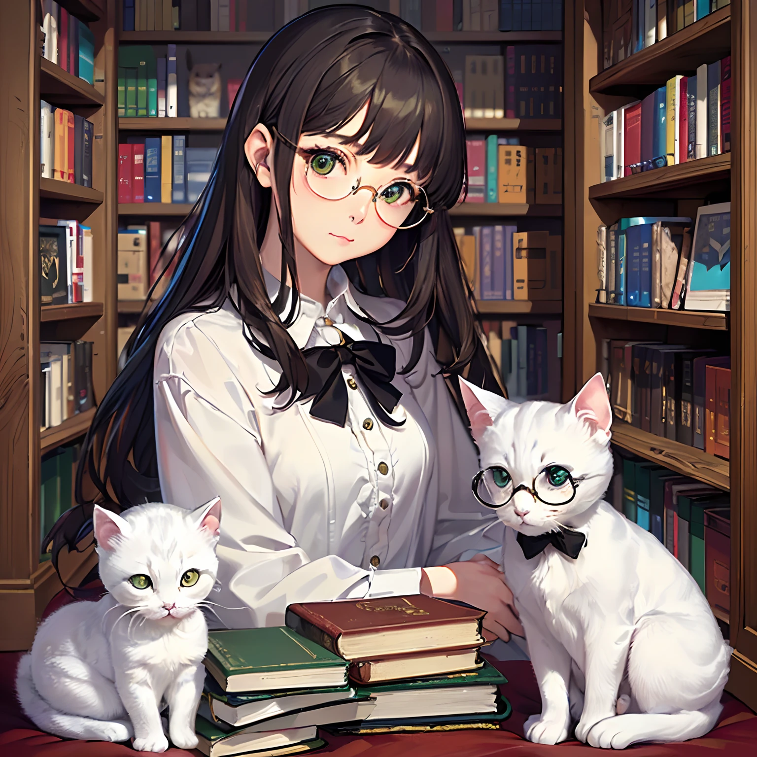 masterpiece、top-quality、High-quality images、hight resolution、8K、1lady、Three cats、detaileds、Detailed eye depiction、skin gloss、Lustrous hair、 ((Favorite hair color today))((More disheveled hair、I'm wearing round glasses、real face、Good posture、Monacaware、Its name is Monaca Kashino:1.3))、 ((Kittens、A White Cat、Newborn:1.3)) ((obedient character、Not very confident、Emotional manifestation:1.2)) ((Narrow old room、Lots of bookshelves、Pile of used books)) well、I feel like I had something planned to do