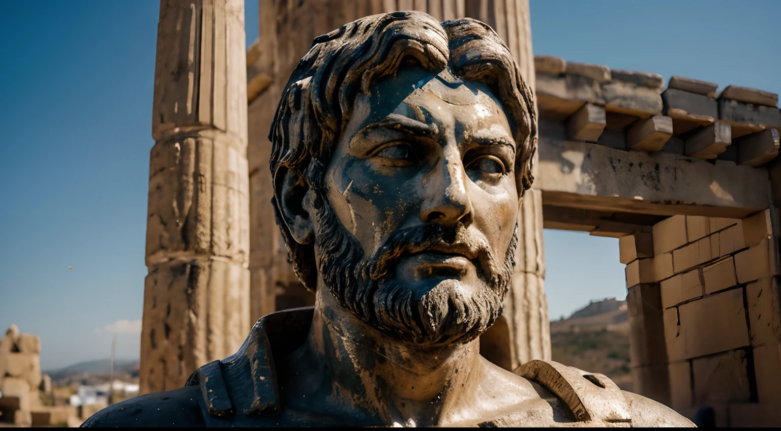 Ancient Stoic Statue With Very Angry Expression, tem barba, muitos detalhes em ambos os olhos, Outside, fundo atenas grego, open sky, com rosto extremamente detalhado full body view, Colors with low saturation with dark tone, Filmado em Sony A7S III com Sony FE 35mm f/1.8, 12.1 MP, --AR 3:2 --estilo cru