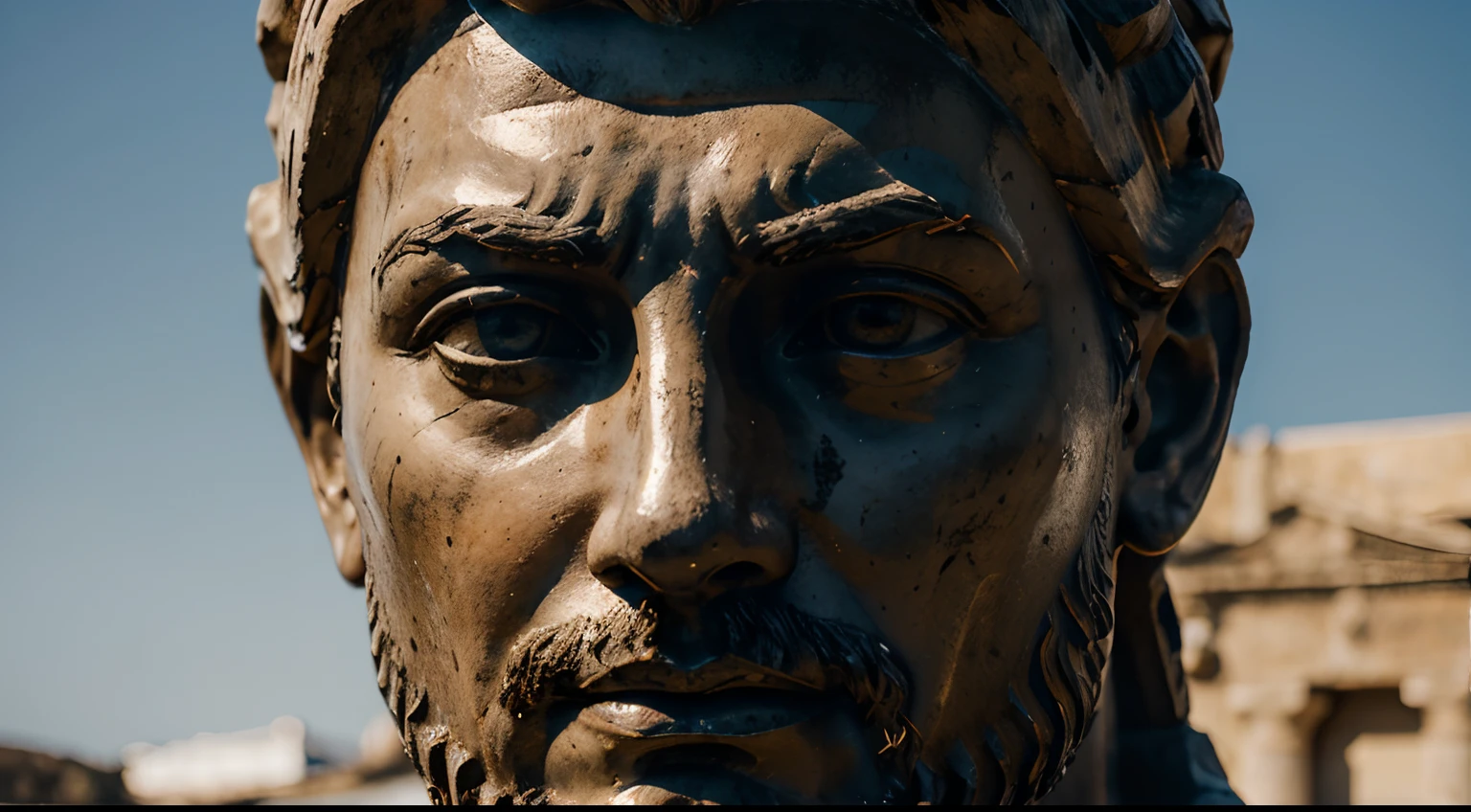 Ancient Stoic Statue With Very Angry Expression, tem barba, muitos detalhes em ambos os olhos, Outside, fundo atenas grego, open sky, com rosto extremamente detalhado full body view, Colors with low saturation with dark tone, Filmado em Sony A7S III com Sony FE 35mm f/1.8, 12.1 MP, --AR 3:2 --estilo cru