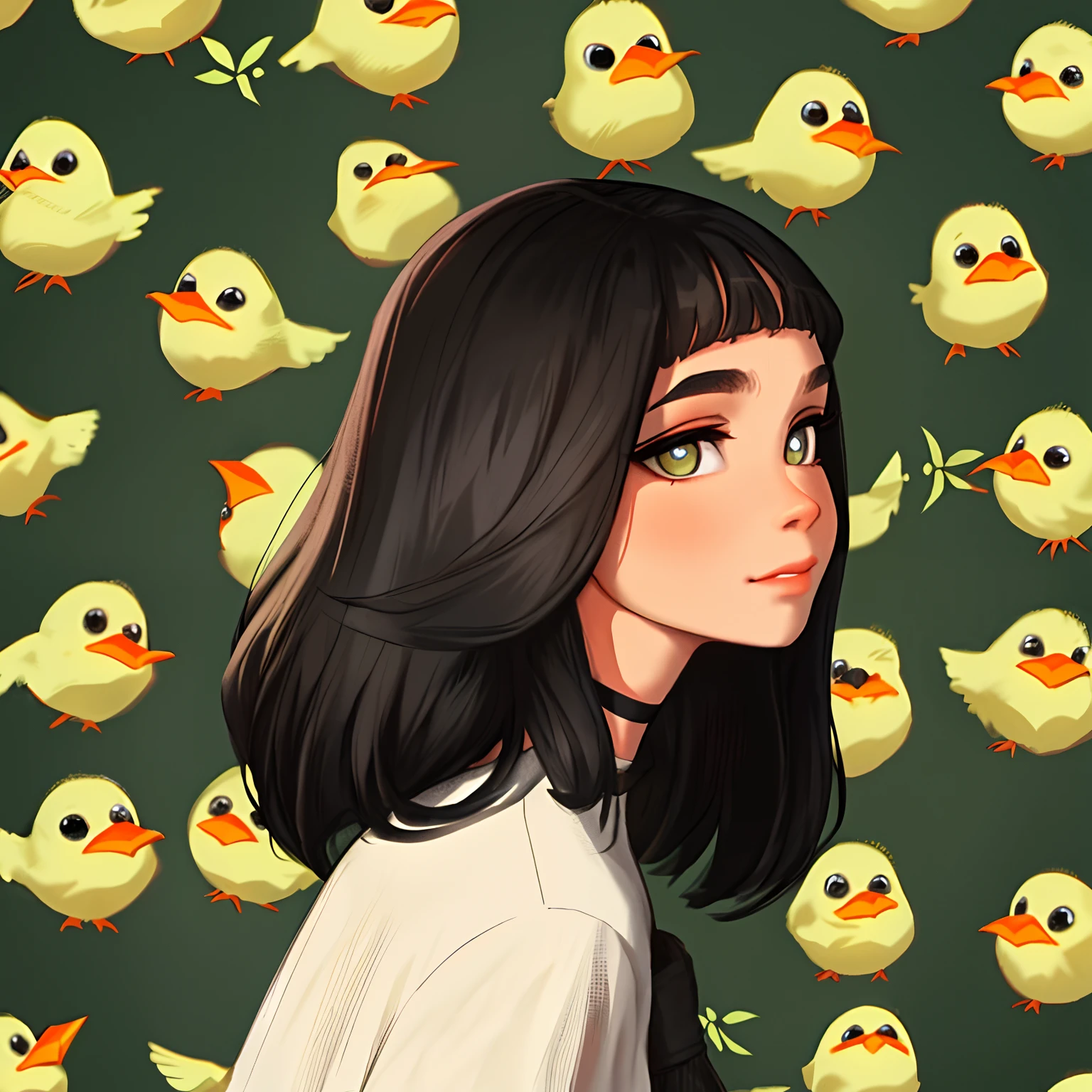 Sam Yang, 1menina, gato, olhos pretos, cabelo preto, desfocado, fundo desfocado, flores de cerejeira, , tite de cauda longa, olhando para cima, mid hair, perfil, cachecol, solo, tit (bird) , ((obra-prima))