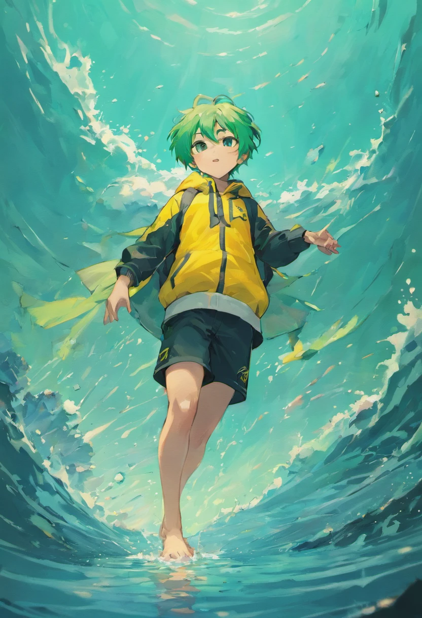 The sea and the sky are the same,1boy,standing on water,Green hair,hiking clothes