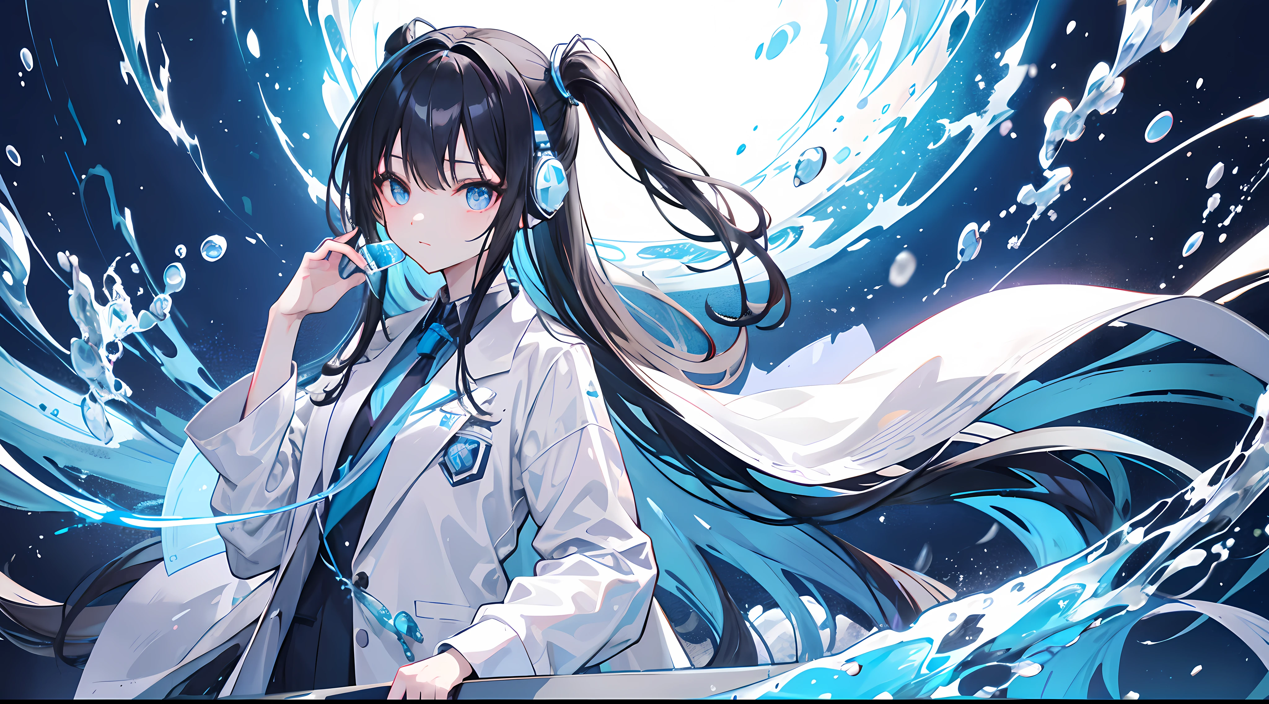 Top image quality、illustratio、ultra-definition、Ultra High Definition Facial、Ultra-fine eyes、Black Long Hair、The tips of the hair are faintly shiny、grey  eyes、beautidful eyes、wearing lab coat、scientist、Wear glowing blue headphones、Holding a flask with a rainbow-colored liquid、wearing white sneakers、Princess Hairstyles、Eau、water dripping、Water Flow Effect、Realistic water droplets、kagaku、experiment、Glass Tube、Scattered glass shards