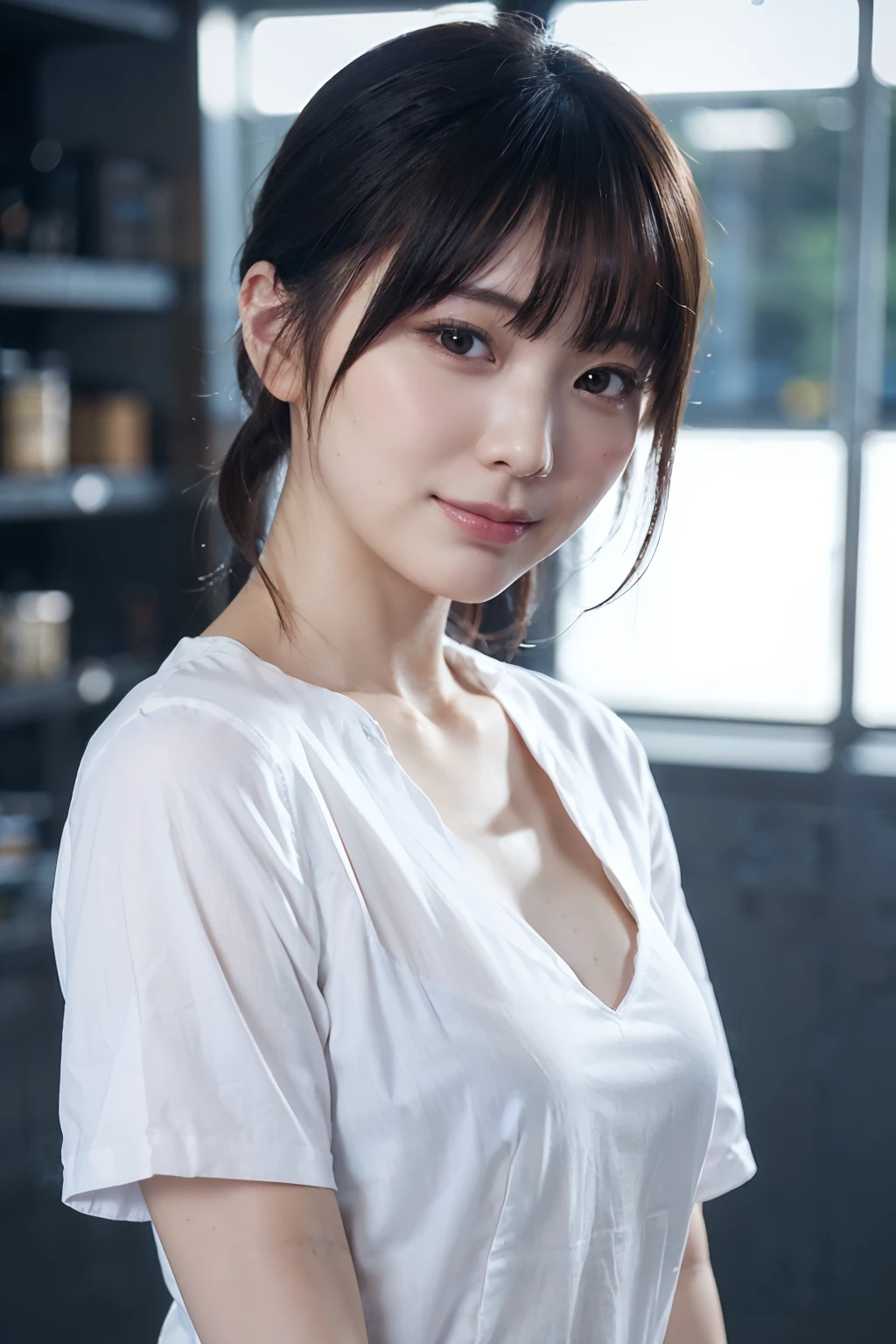 ((masutepiece)), ((Best Quality)), (Ultra-detailed), ((Extremely detailed)), 4K, (8K), Best Quality, (Beautiful), Gradation, (masutepiece, Best Quality:1.2), 8K, 18year old, 85 mm, Official art, Raw photo, absurderes, White dress shirts, Pretty Face, close up, Upper body, violaceaess, gardeniass, Beautiful Girl, Perforated shirt, Cinch West, thighs thighs thighs thighs, Short sleeve, Colossal tits, black hair shorthair、Inside the convenience store, Looking at Viewer, No makeup, (Smile), Film grain, chromatic abberation, Sharp Focus, face lights, clear lighting, , Detailed face, Bokeh background, medium breasts
