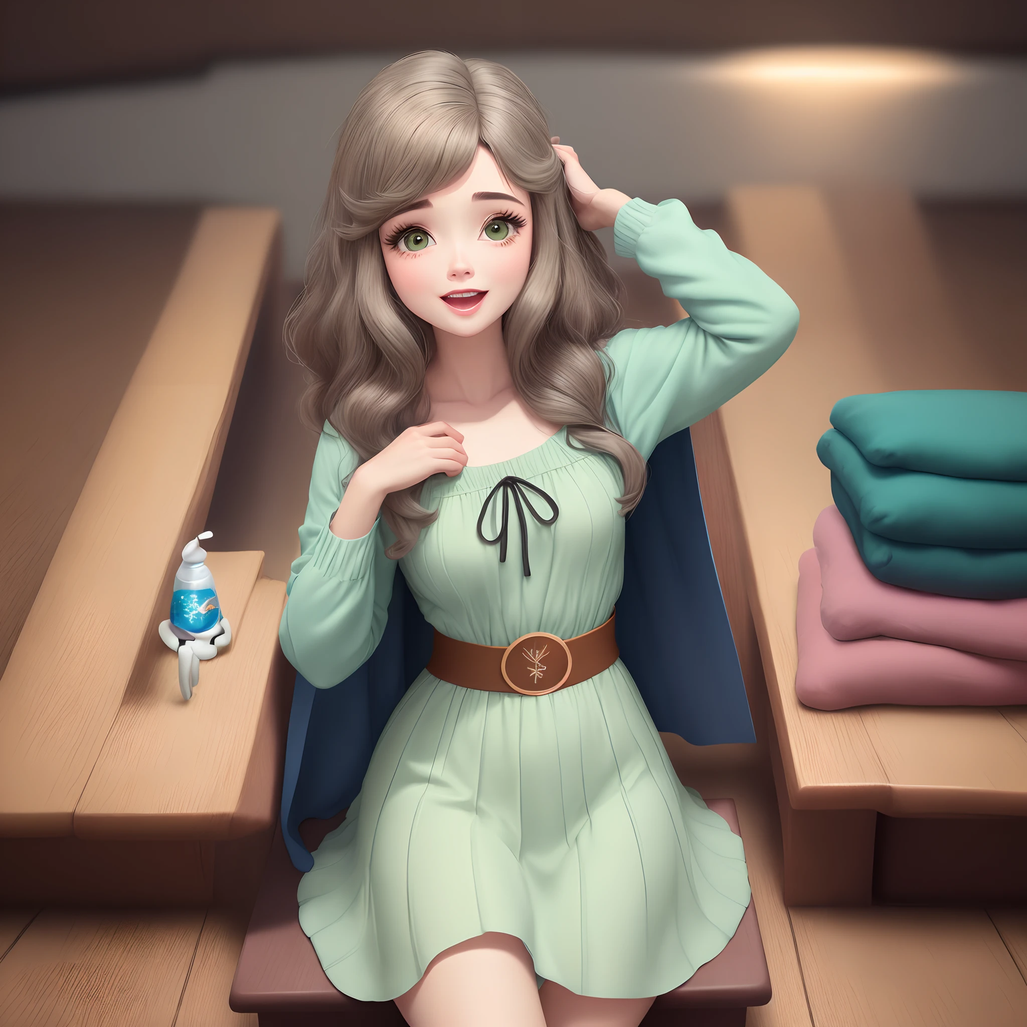 recrie no formato Pixar uma mulher alta de cabelo curto de um lado maior que o outro loiro, peito um pouco maiores, com um vestido verde, em uma sala clara dando curso de reiki para 10 pessoas
