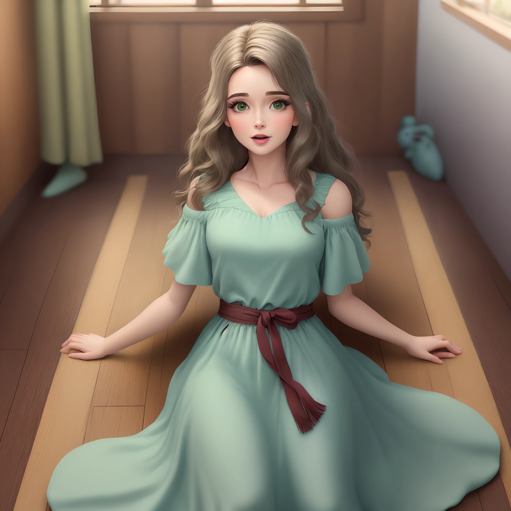 recrie no formato Pixar uma mulher alta de cabelo curto de um lado maior que o outro loiro, peito um pouco maiores, com um vestido verde, em uma sala clara dando curso de reiki para 10 pessoas