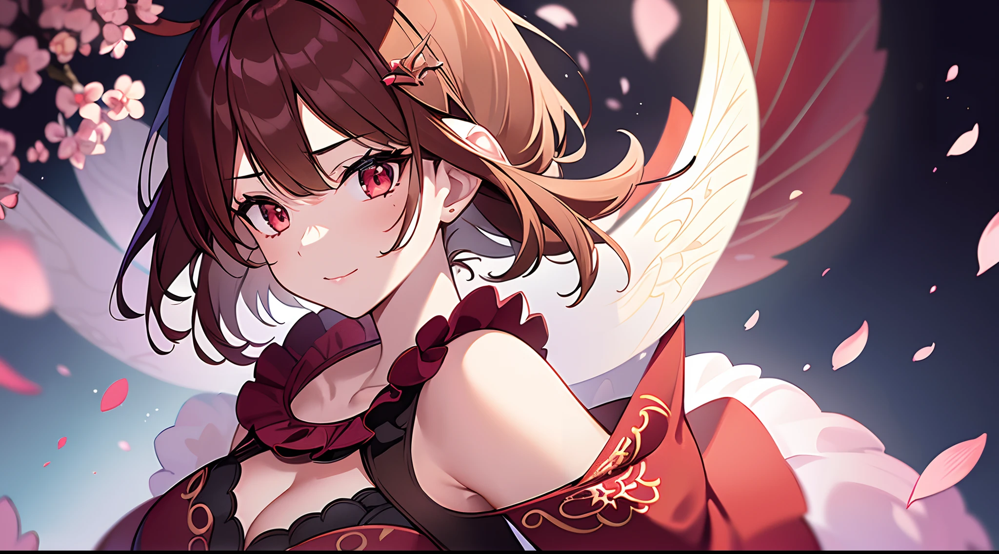 modelshoot style, (masterpiece:1.3), (absurdres:1.3), (best quality:1.3), (8K), (large masterpiece digital art), (detailed manga illustration), (handled hair), perfect anatomy, (sharp eyeliner, eyeshadow, detailed eyes:1.1), (intricate details:1.3), (ultra-detailed:1.3), (illustration:1.3), (sharp focus:1.3), (natural lighting:1.05), (vivid colors:1.3), BREAK 1girl, solo, nodoka1, collarbone, large breasts, cleavage, red eyes, brown hair, short hair, ahoge, closed-eyes, bangs, hair ornament, hairclip, jlfd, woman wearing jlfd, pink silk, dress, unveiled shoulders, dragon pattern, embroideries, floral pattern, embroidery, from behind, back focus, BREAK garden, flower, falling petals, cherry blossoms, cherry, backlighting, god rays