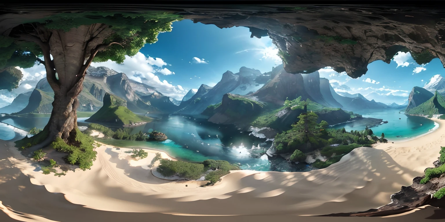 island, water, sand, trees, mountains, caves, detailed textures, extremely detailed, illustration, depth of field, sharp focus, tack sharp, dof, film grain, Fujifilm XT3, crystal clear, 8K UHD, rim lighting, studio lighting, 360 degree, equirectangular, qxj,