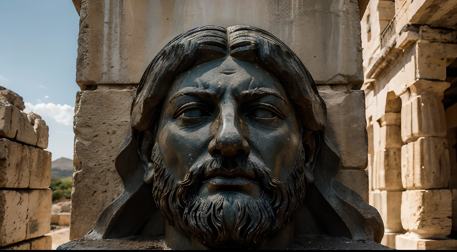 Ancient Stoic Statue With Very Angry Expression, tem barba, muitos detalhes em ambos os olhos, Outside, fundo atenas grego, open sky, com rosto extremamente detalhado full body view, Colors with low saturation with dark tone, Filmado em Sony A7S III com Sony FE 35mm f/1.8, 12.1 MP, --AR 3:2 --estilo cru