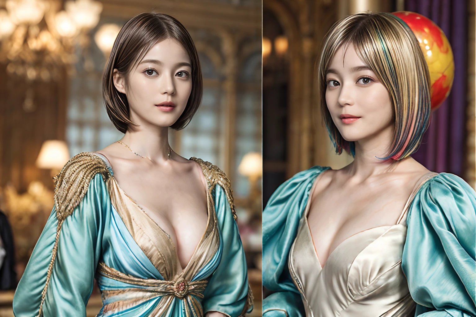 72
(20-year-old princess,is standing), (A hyper-realistic), (masutepiece), ((colourfull、short-hair:1.5)), (Silky hair), (Breast:0.9), (kindly smile:0.8), lipsticks, (Luxurious dresses:1.46), Ball in a stately palace