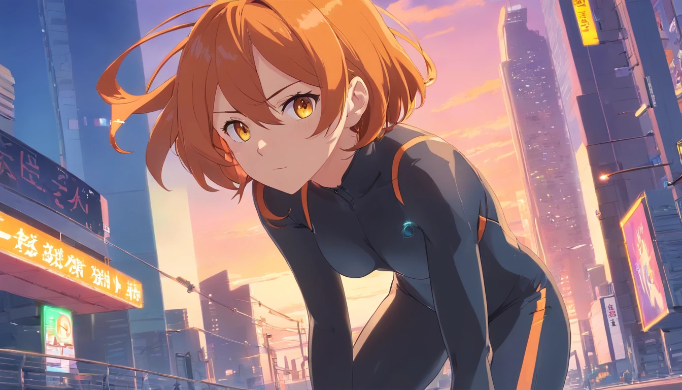 Orange hair、a short bob、yellow eyes、Colossal tits、Big ass、Black full-length tights