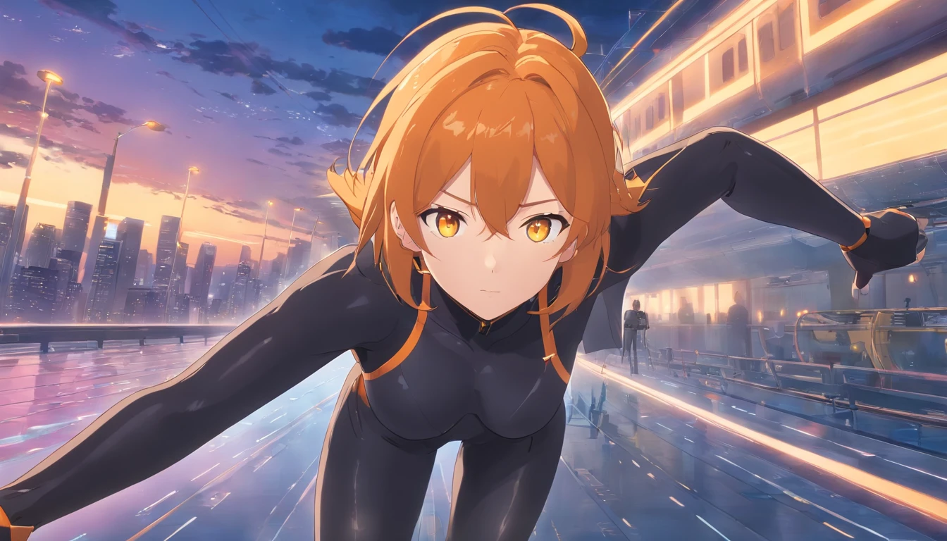 1 female、Orange hair、huge tit、Big ass、Black rubber suit、yellow  eyes