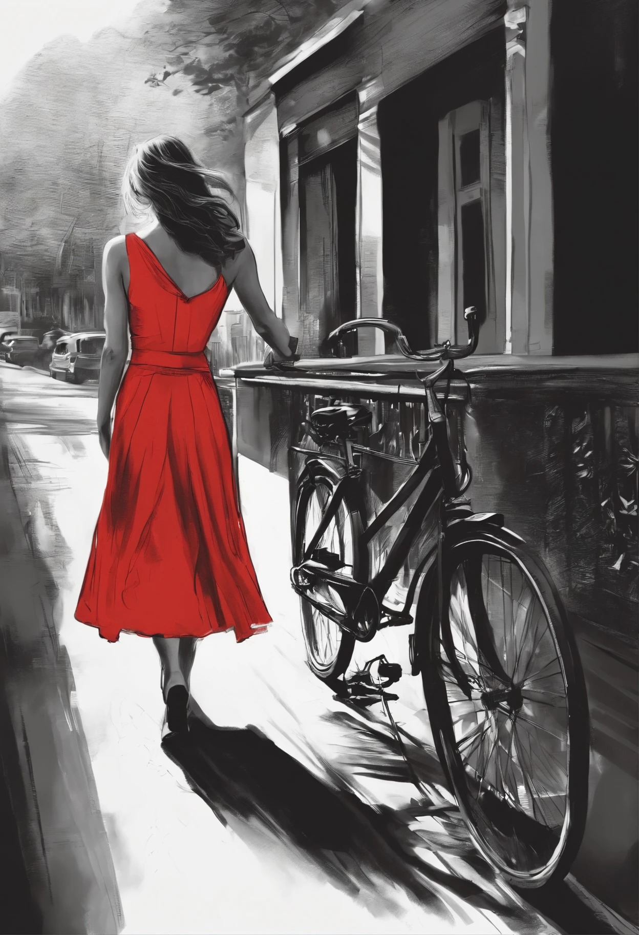 sketching,Line drawings,bike,Red dress,girl,obscured face,depression