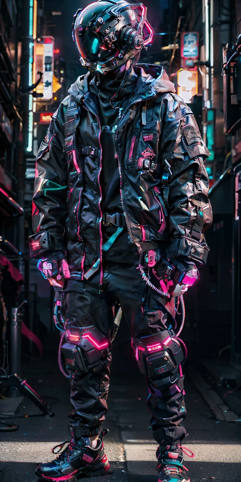 (masterpiece, full-body shot, intrincate raw photography)cyberpunk citizen in oversize techwear, using a black astro daftpunk style helmet, neon light details, intrincate, futuristic, sharpness, ramdom pose, cyberpunk city, street neon lights, insta pic, photo of the year, octane render, substance, maya 3d, cinema4d, artstation trending, devian art trend,