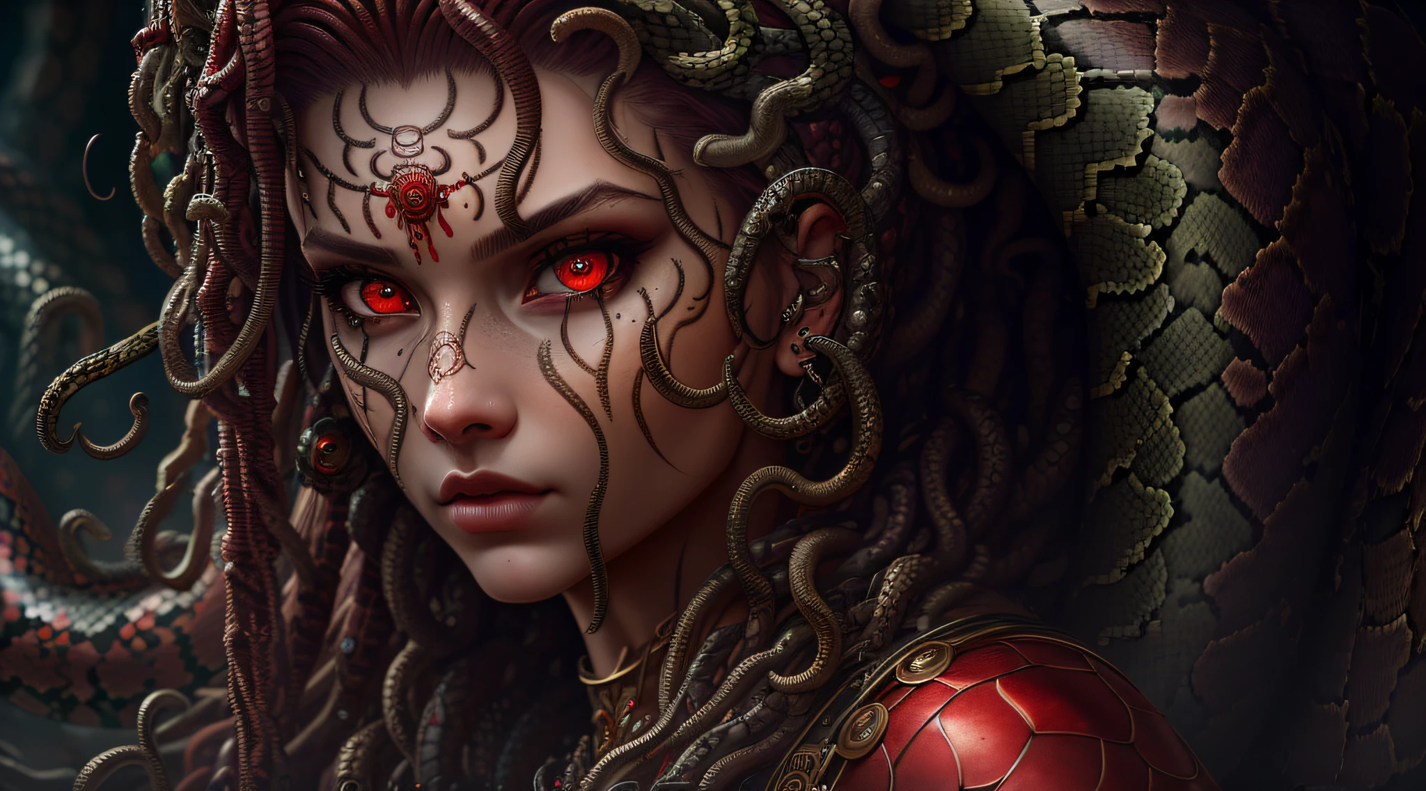 ((best quality)), ((realistic)), Medusa, upper body, hair consists of numerous snakes, red eyes, female face, metal underwear, trend in artstation, clear focus, studio shot, intricate detail, highly detailed, detailed eye, illustration, highly detailed, sharp focus, digital render, professional, 4k