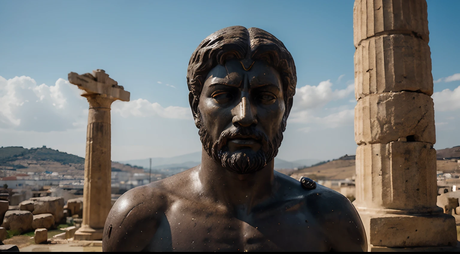 Ancient Stoic Statue With Very Angry Expression, tem barba, muitos detalhes em ambos os olhos, Outside, fundo atenas grego, open sky, com rosto extremamente detalhado full body view, Colors with low saturation with dark tone, Filmado em Sony A7S III com Sony FE 35mm f/1.8, 12.1 MP, --AR 3:2 --estilo cru