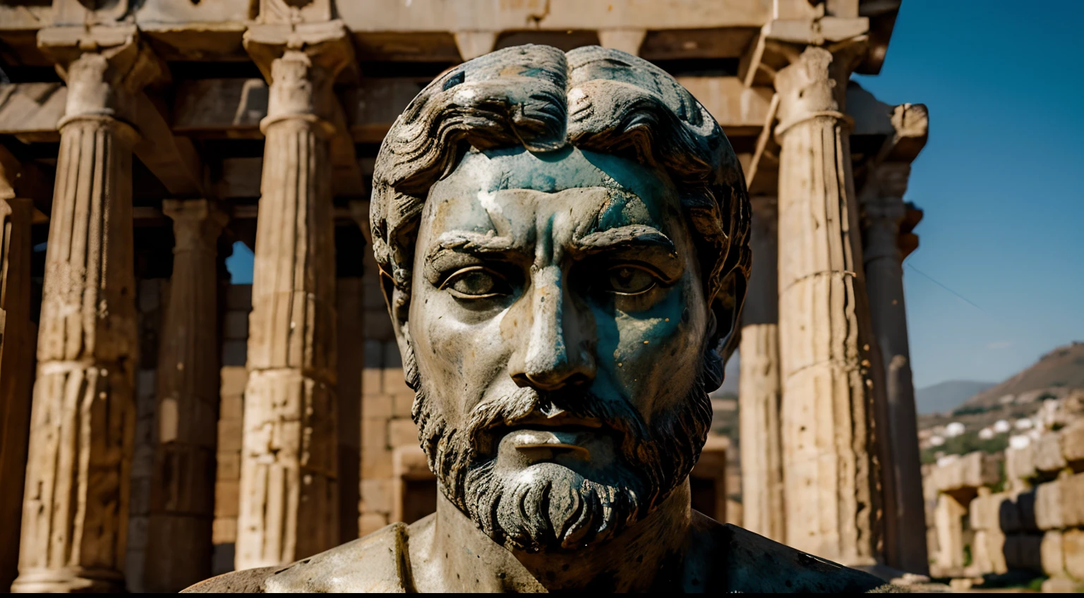 Ancient Stoic Statue With Very Angry Expression, tem barba, muitos detalhes em ambos os olhos, Outside, fundo atenas grego, open sky, com rosto extremamente detalhado full body view, Colors with low saturation with dark tone, Filmado em Sony A7S III com Sony FE 35mm f/1.8, 12.1 MP, --AR 3:2 --estilo cru