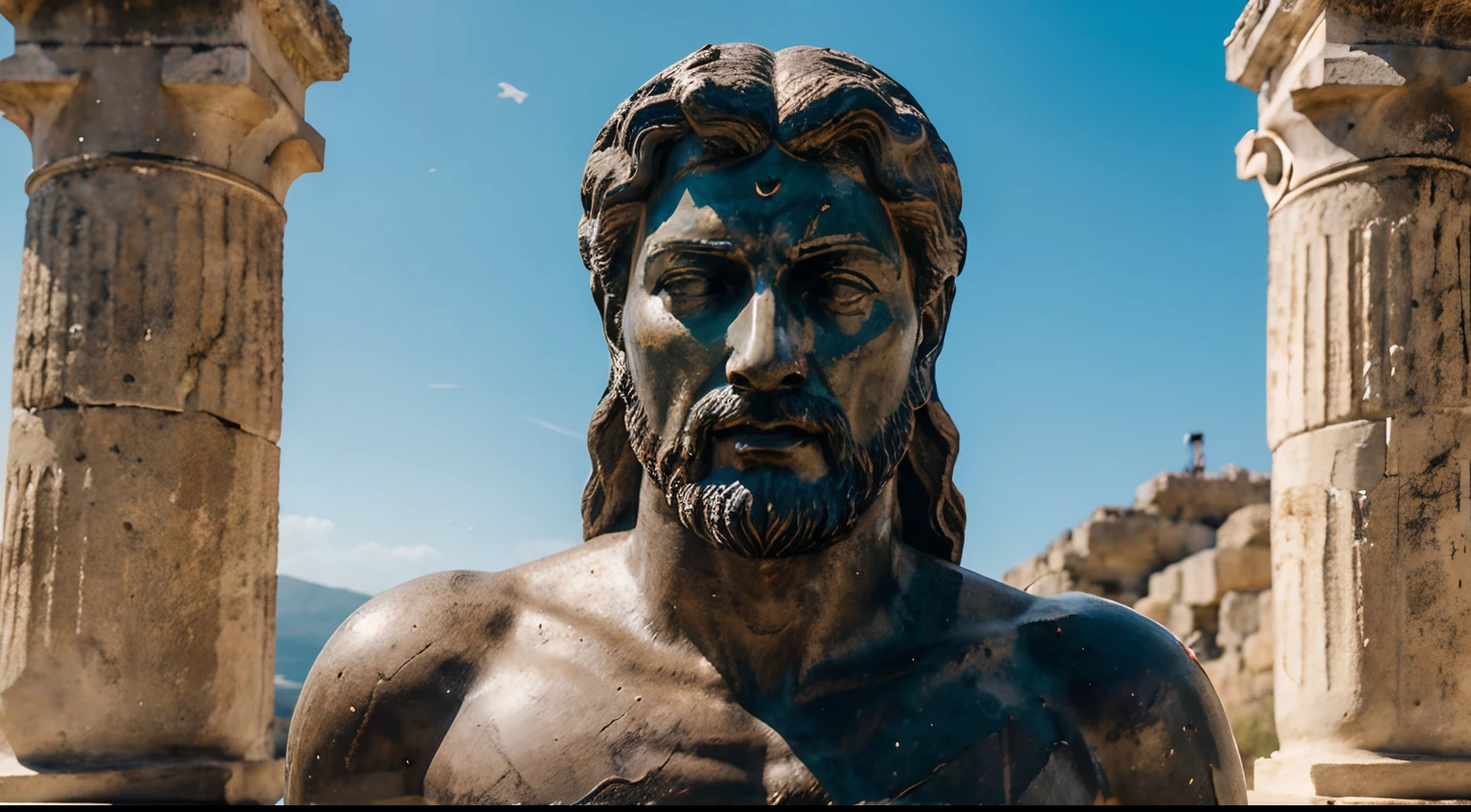 a close up of a statue of a man with a beard, greco roman statue, Escultura realista de 8K Bernini, statue of hercules looking angry, Retrato de Zeus acidentado, Retrato do deus grego Ares, Greek statue, portrait of demigod hercules, statue of zeus, an ancient greek statue, deus grego, statue of hercules, ancient greek statue, bust of hercules