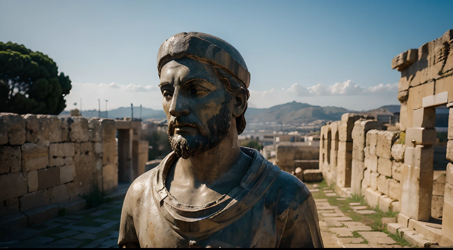 Ancient Stoic Statue With Very Angry Expression, tem barba, muitos detalhes em ambos os olhos, Outside, fundo atenas grego, open sky, com rosto extremamente detalhado full body view, Colors with low saturation with dark tone, Filmado em Sony A7S III com Sony FE 35mm f/1.8, 12.1 MP, --AR 3:2 --estilo cru