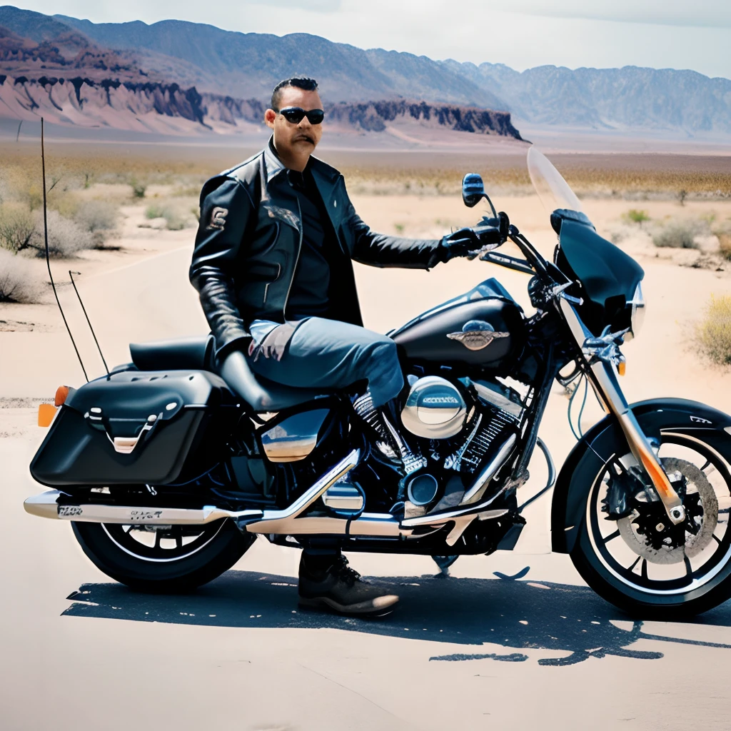 guttojugg1, A motorcycle rider with sunglasses, leather jacket, ripped jeans, and biker boots, parked on his Harley Davidson at a desert gas station. The main focus is on the rider and his bike, with the rest intentionally blurred to create depth of field.