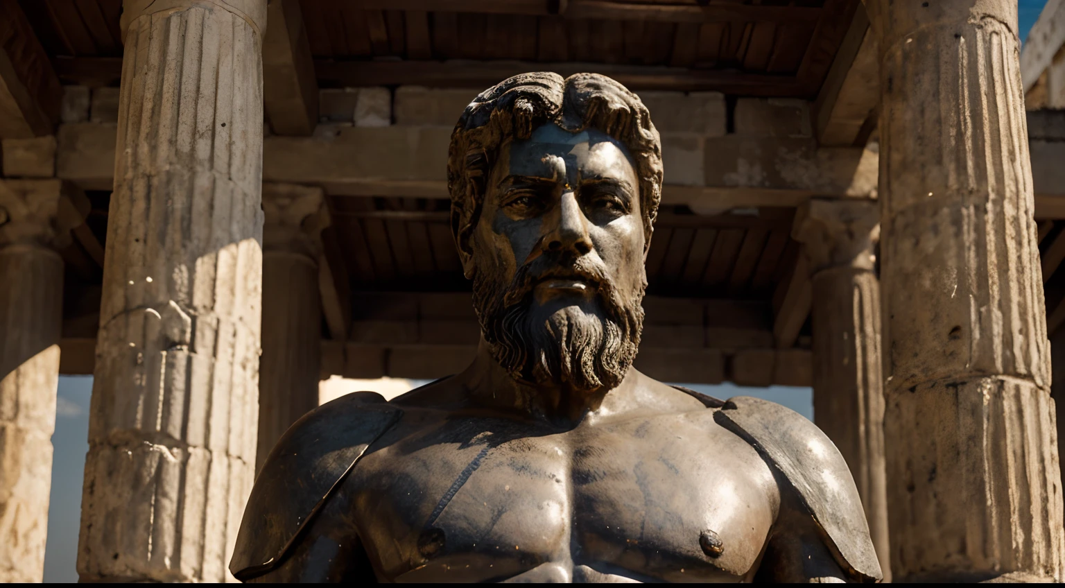 Ancient Stoic Statue With Very Angry Expression, tem barba, muitos detalhes em ambos os olhos, Outside, fundo atenas grego, open sky, com rosto extremamente detalhado full body view, Colors with low saturation with dark tone, Filmado em Sony A7S III com Sony FE 35mm f/1.8, 12.1 MP, --AR 3:2 --estilo cru